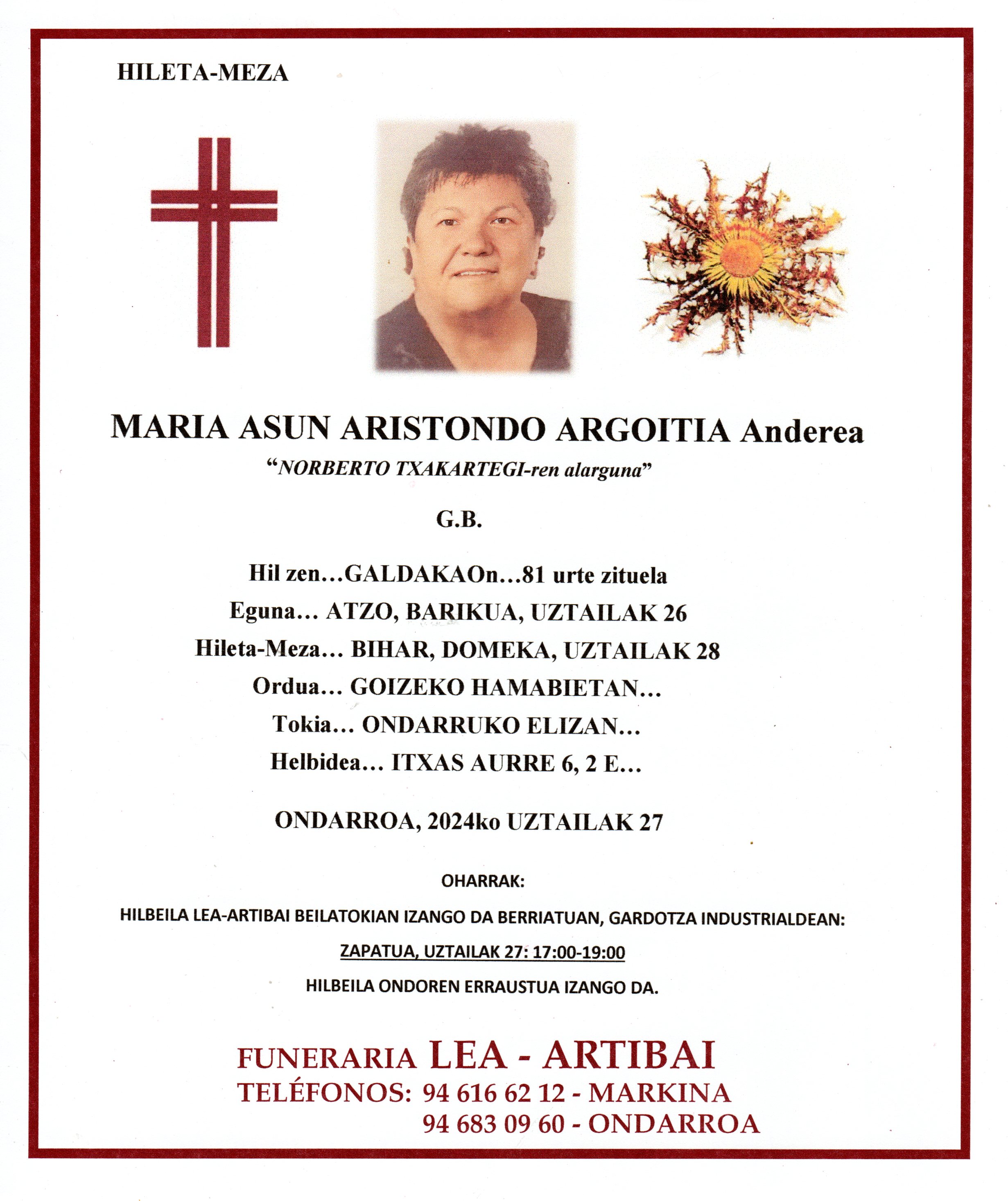 Esquela de Mari Asun Aristondo Argoitia