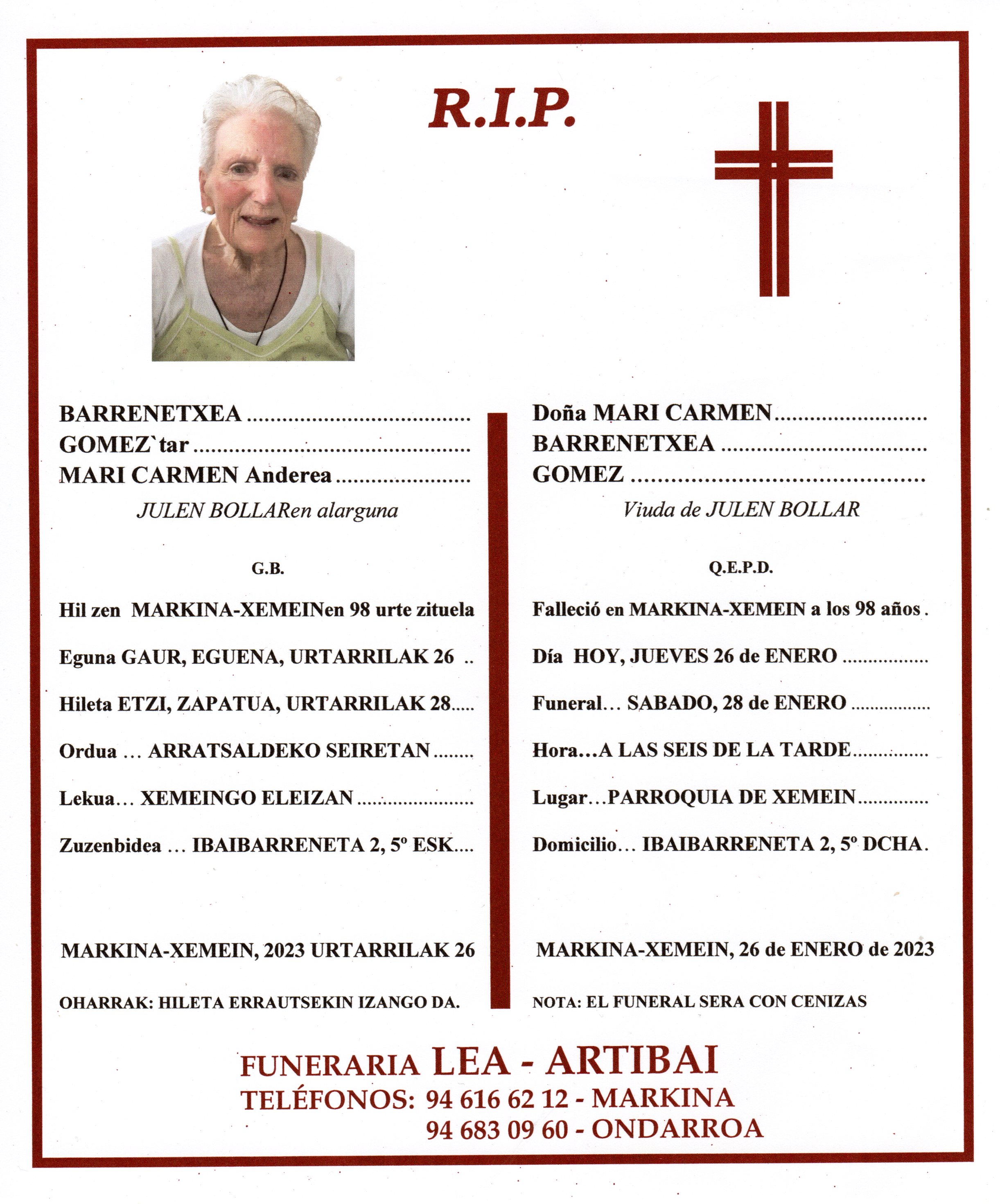 Esquela de Mari Carmen Barrenechea Gomez