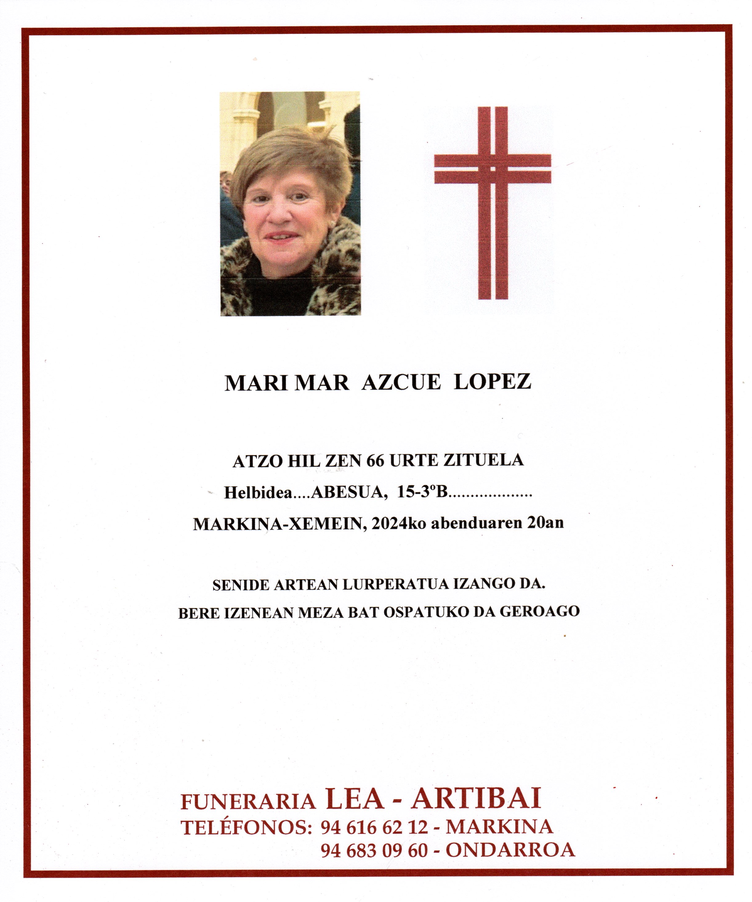 Esquela de Mari Mar Azcue Lopez
