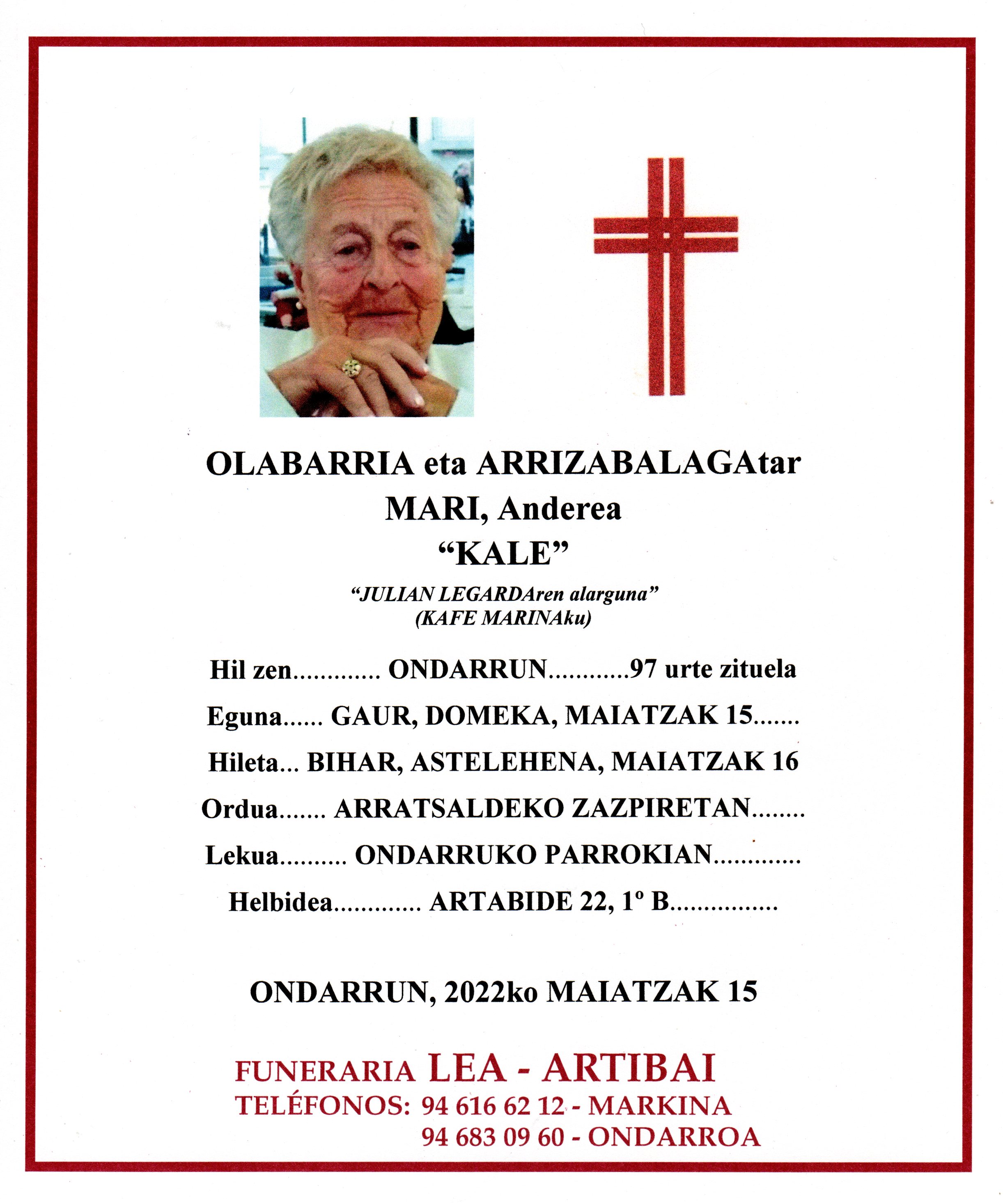 Esquela de Mari Olabarria Arrizabalaga