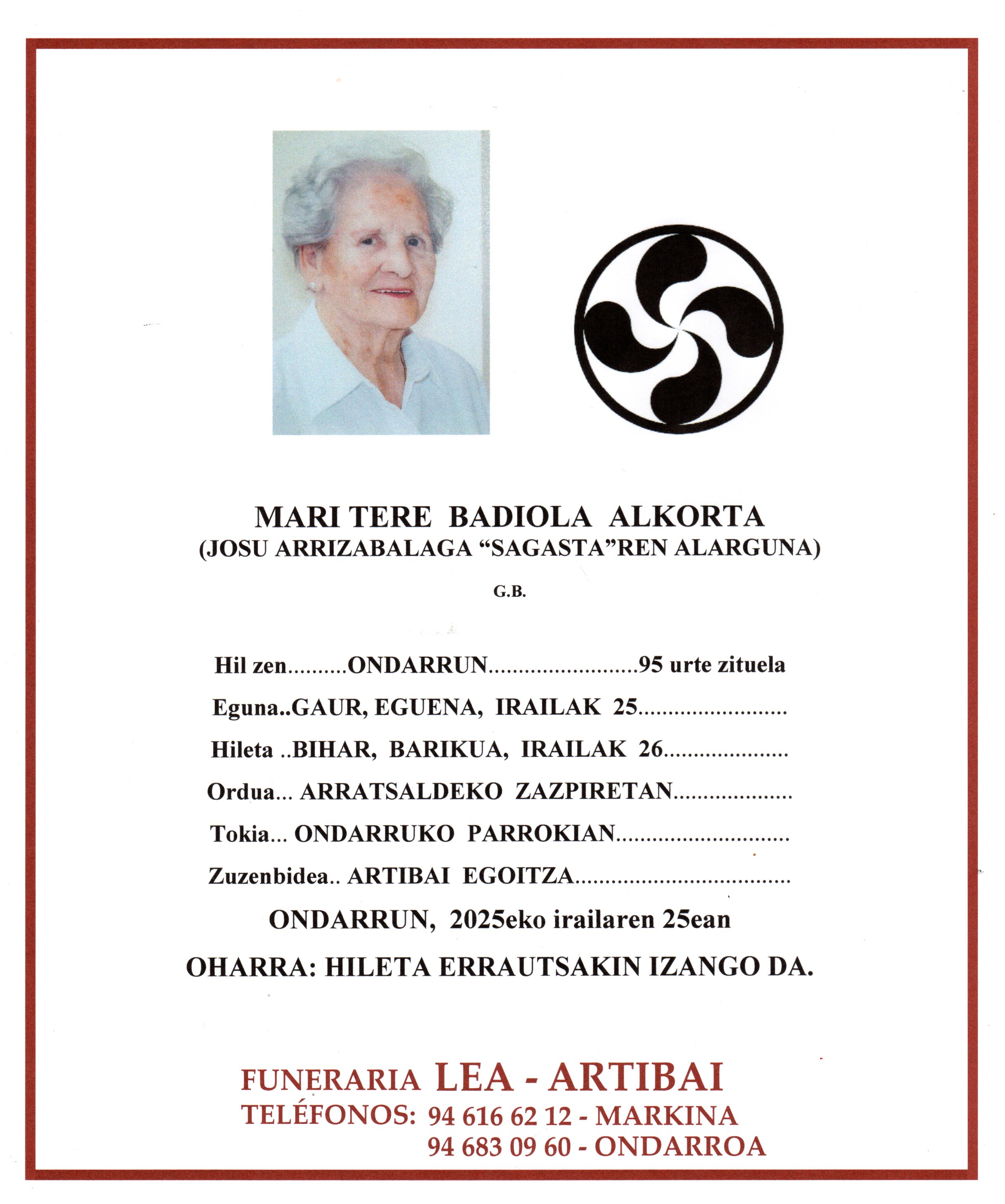 Esquela de Mari Tere Badiola Alkorta