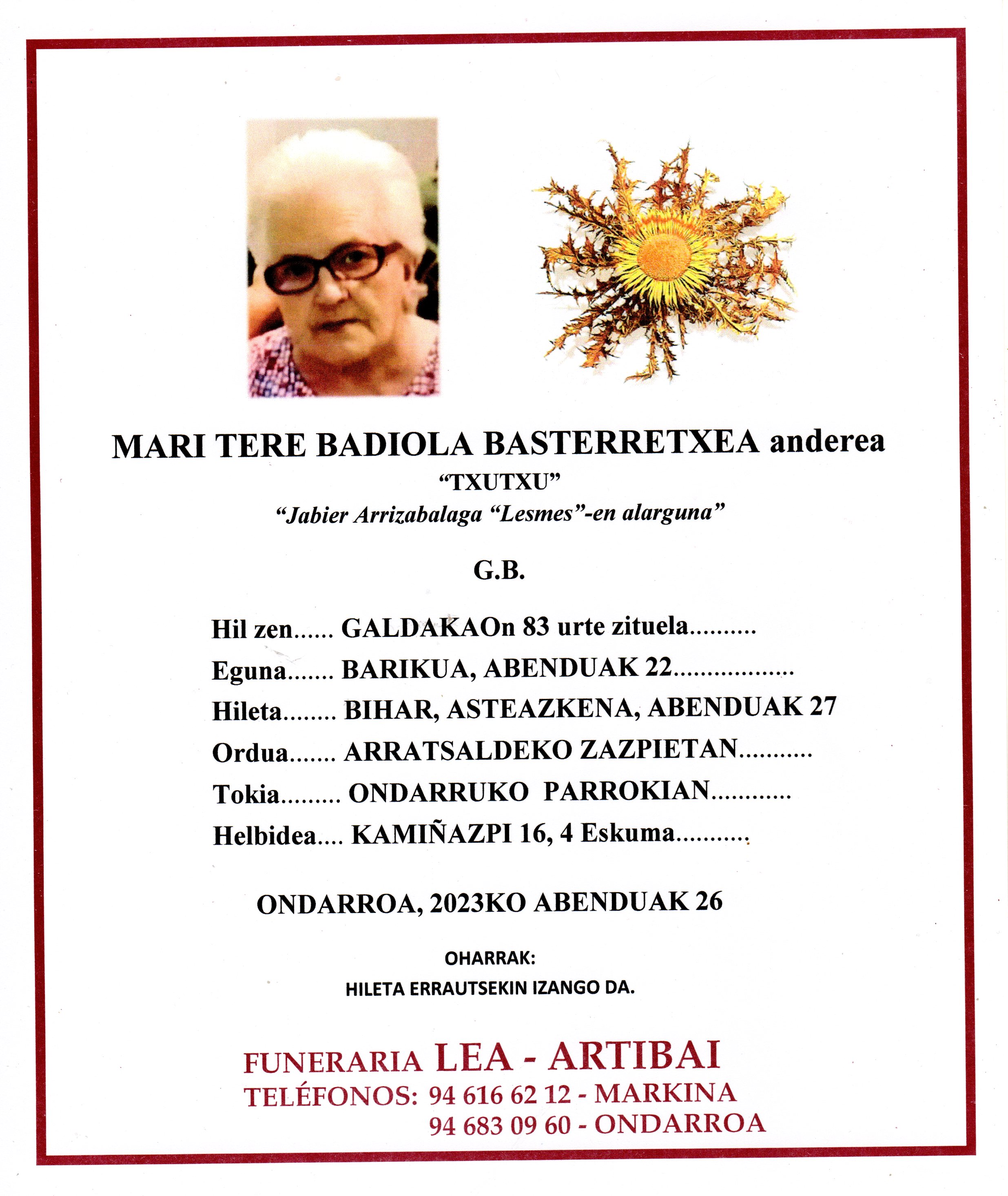 Esquela de Mari Tere Badiola Basterretxea
