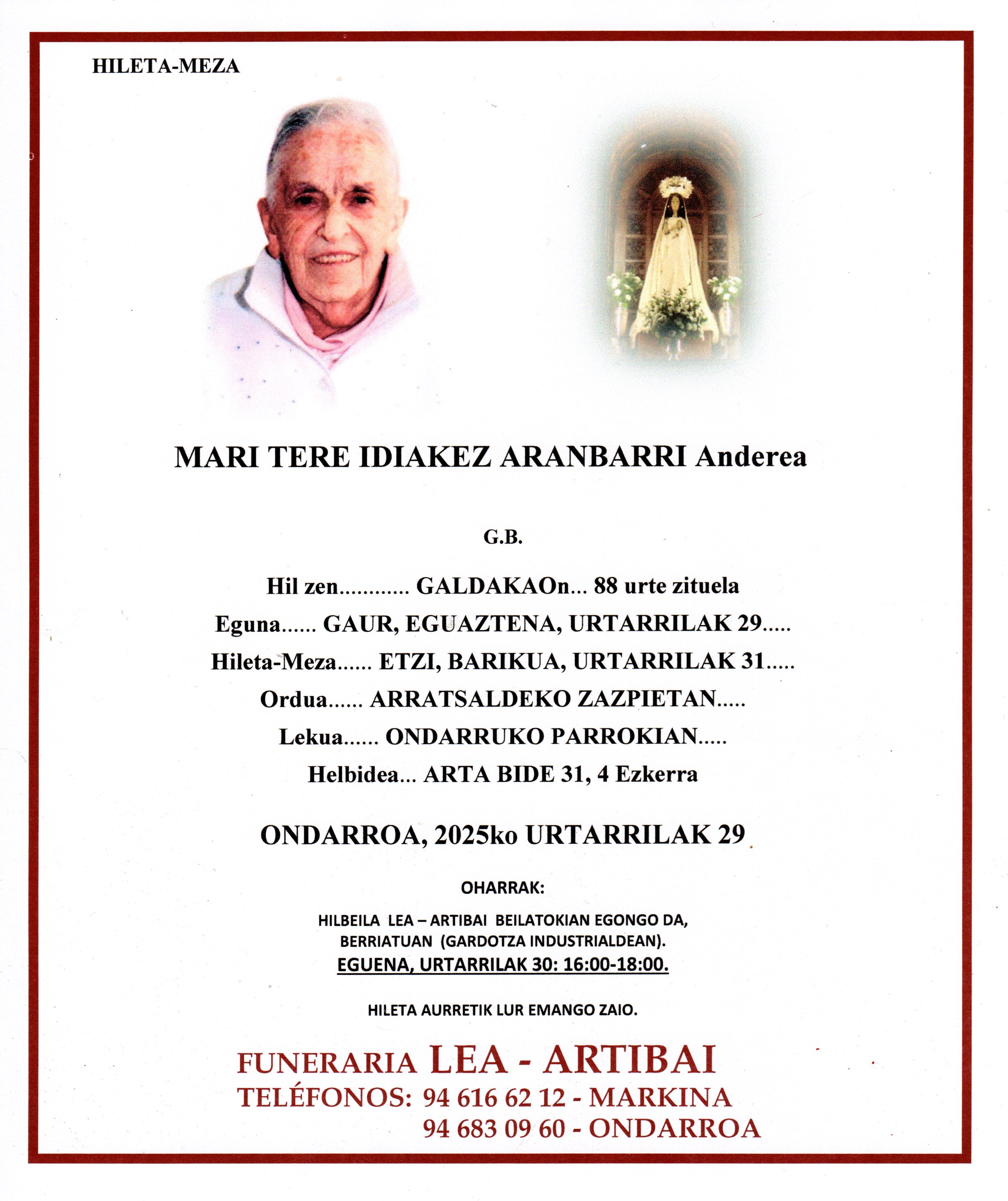 Esquela de Mari Tere Idiakez Aranbarri