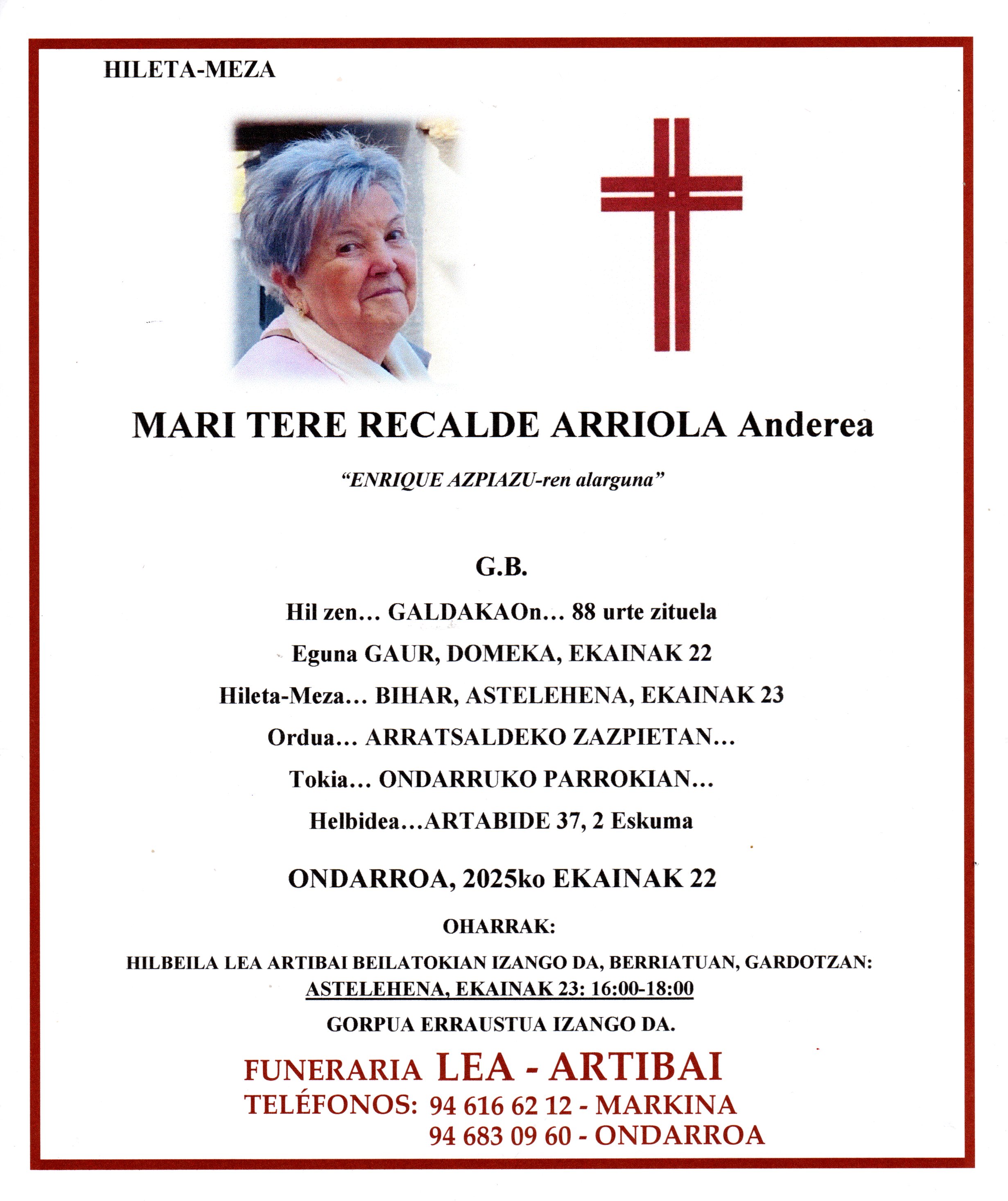 Esquela de Mari Tere Recalde Arriola
