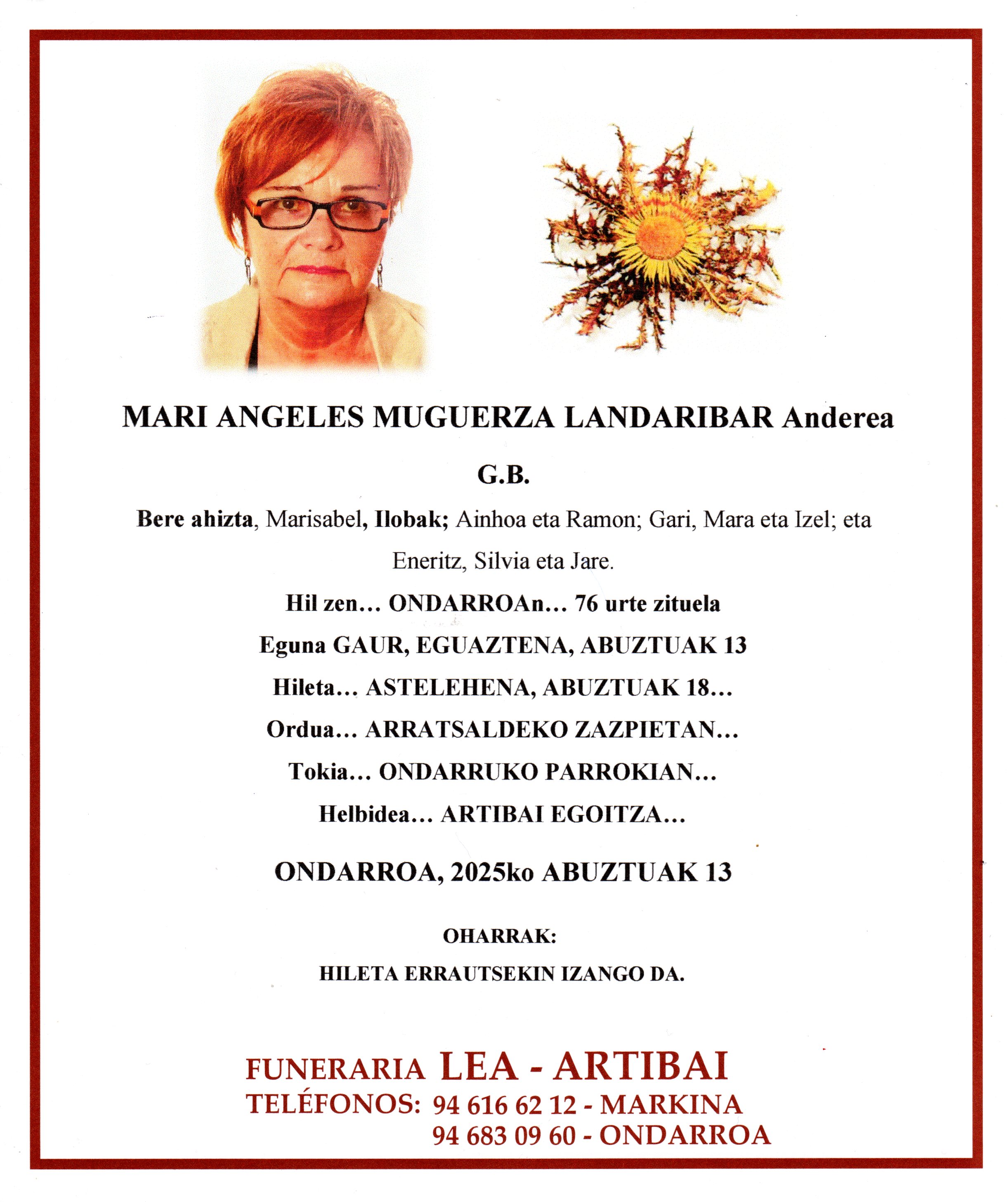 Esquela de Maria Angeles Muguerza Landaribar