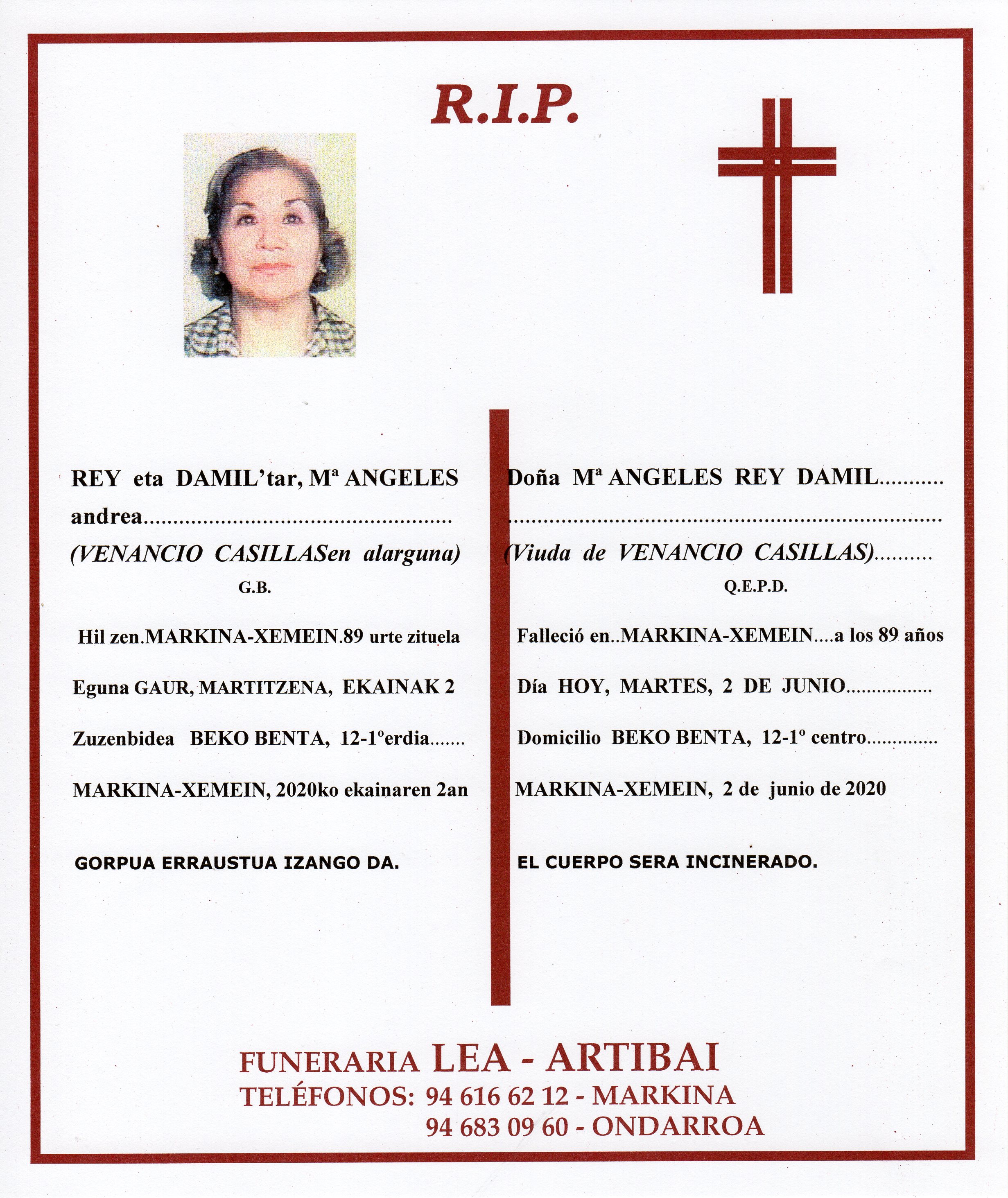 Esquela de Maria Angeles Rey Damil