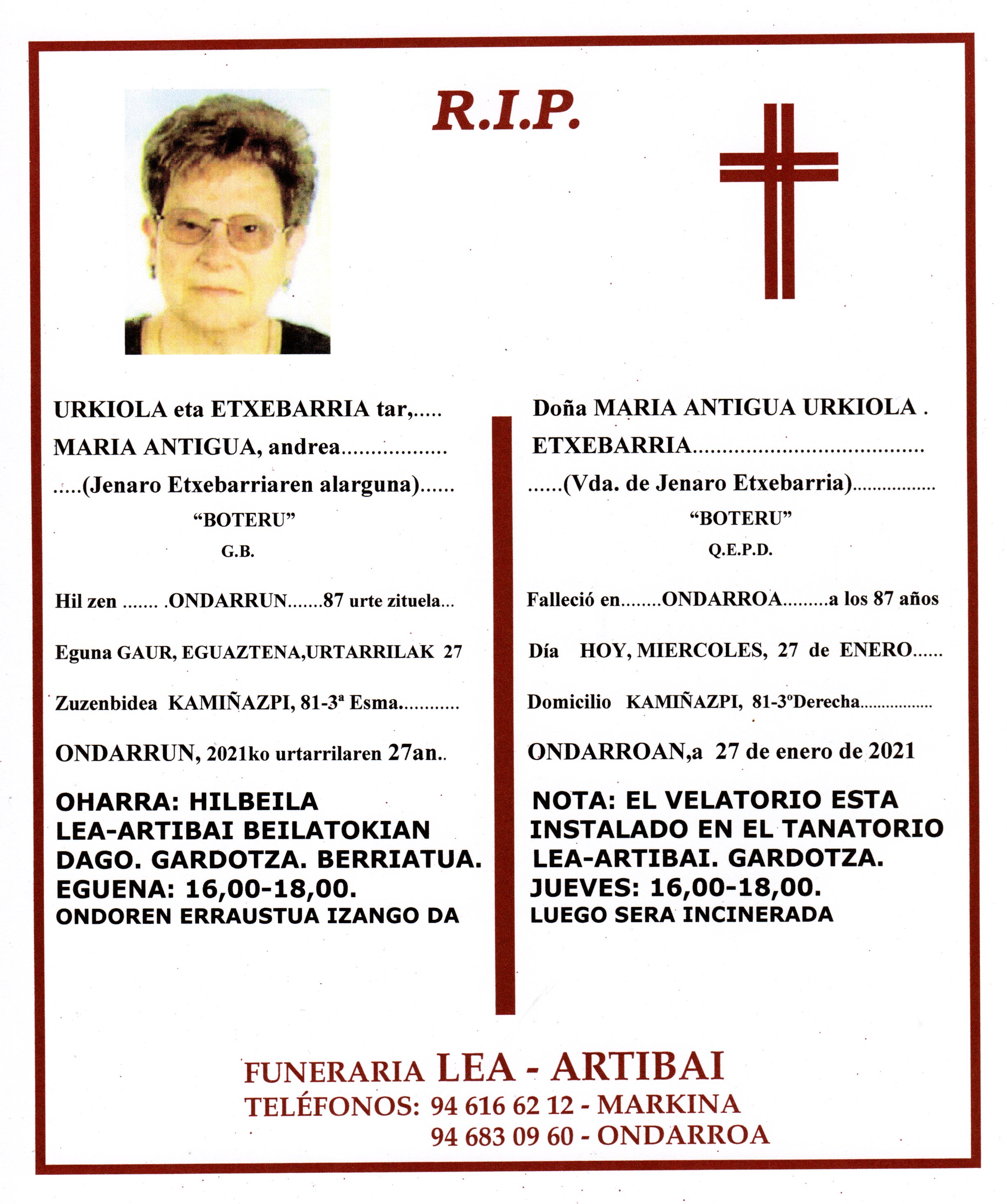 Esquela de Maria Antigua Urkiola Etxebarria