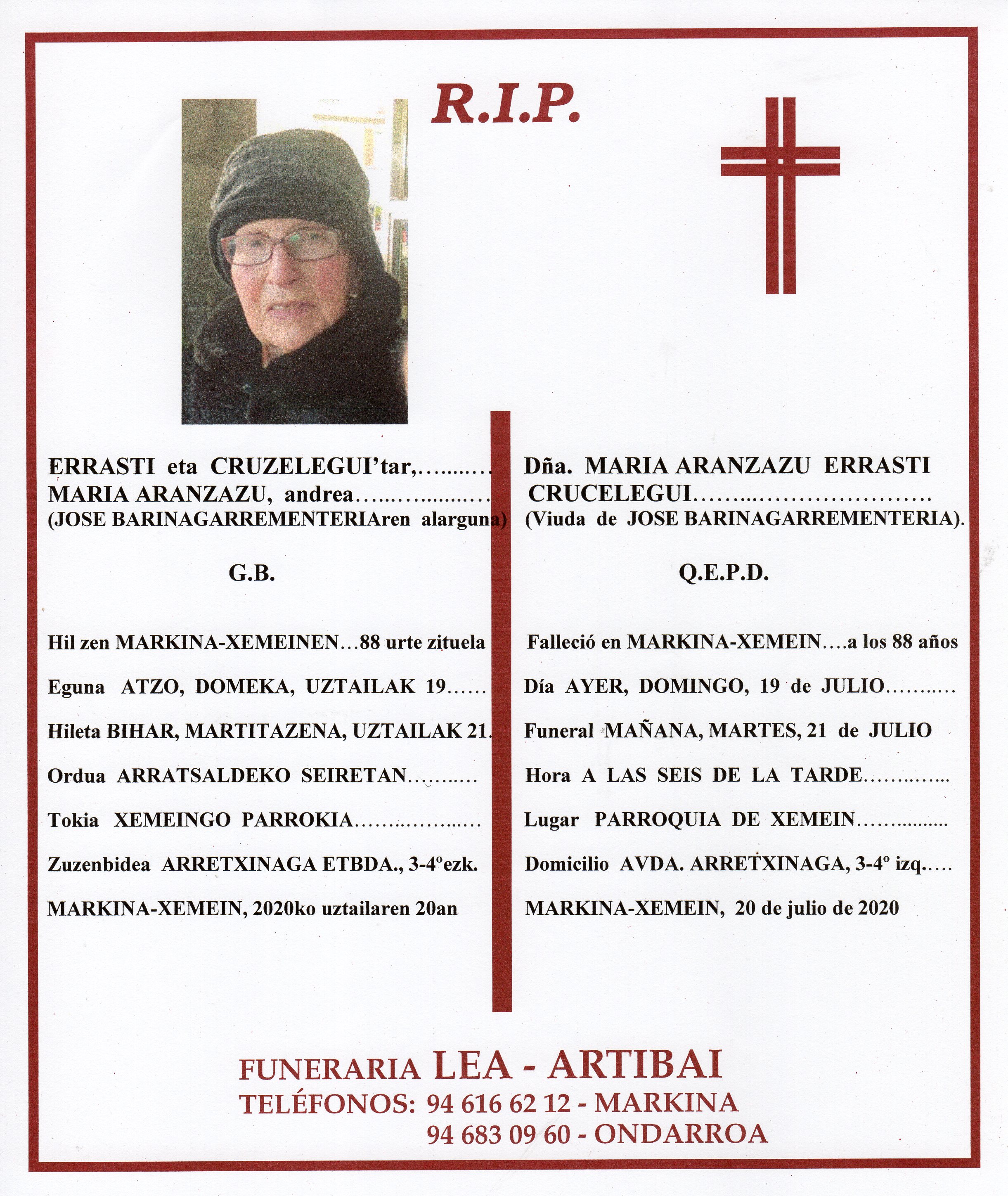 Esquela de Maria Aranzazu Errasti Crucelegui