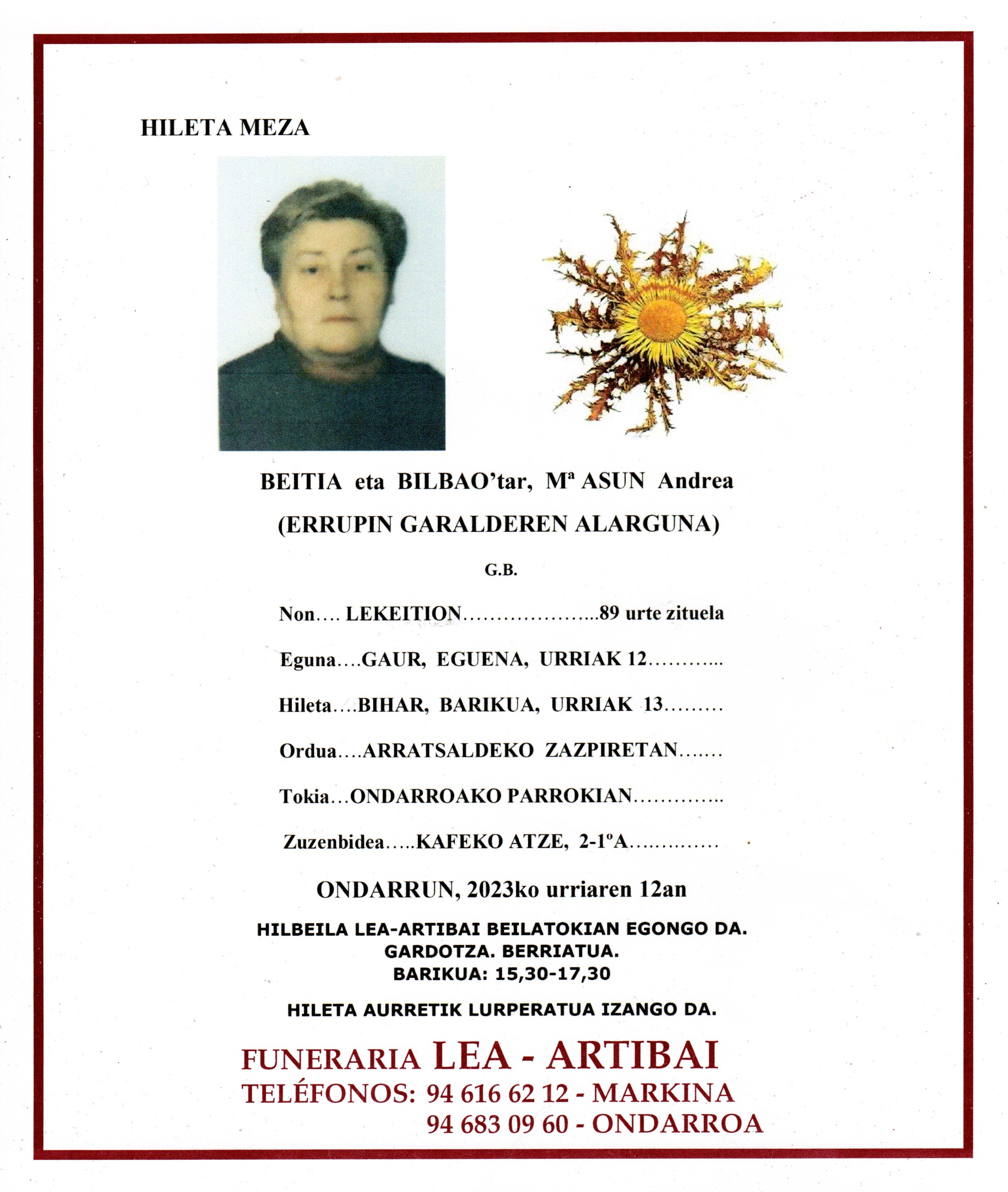 Esquela de Maria Asun Beitia Bilbao