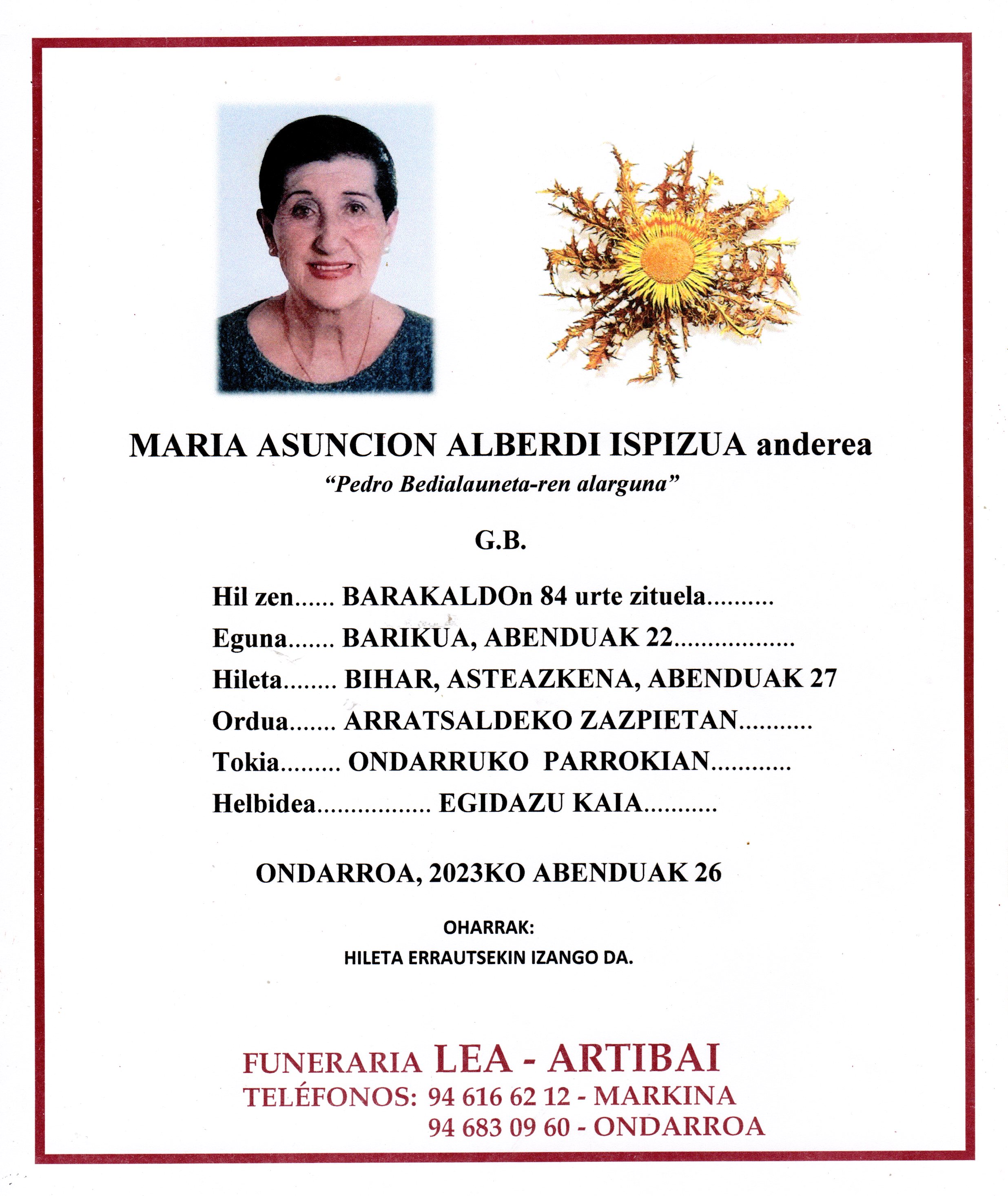 Esquela de Maria Asunción Alberdi Ispizua