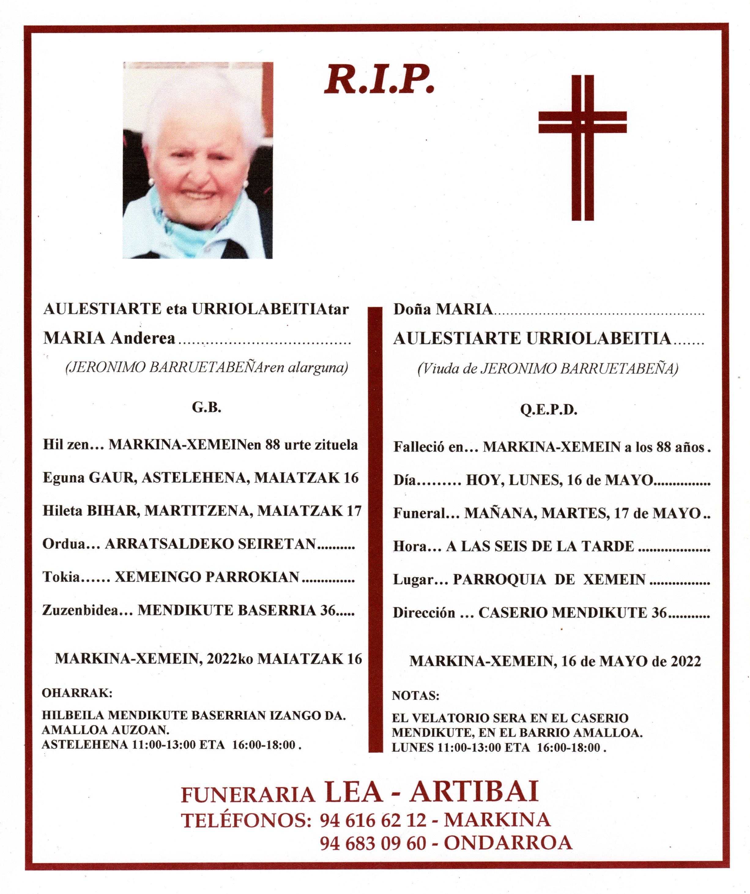 Esquela de Maria Aulestiarte Urriolabeitia