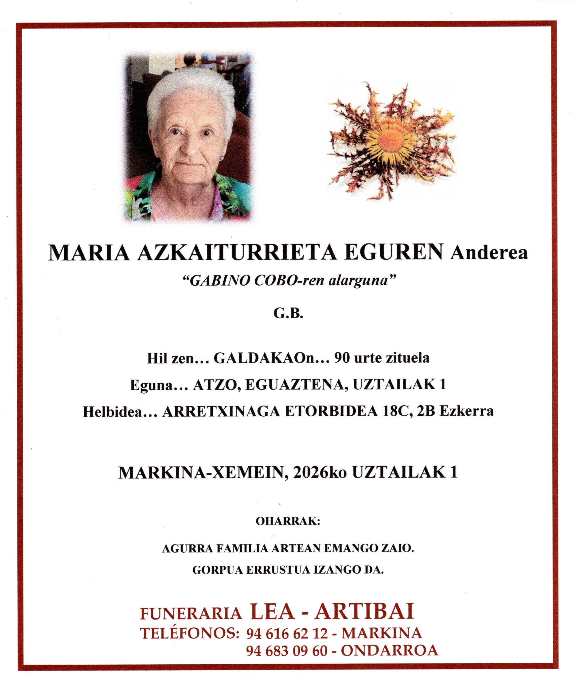 Esquela de Maria Azkaiturrieta Eguren