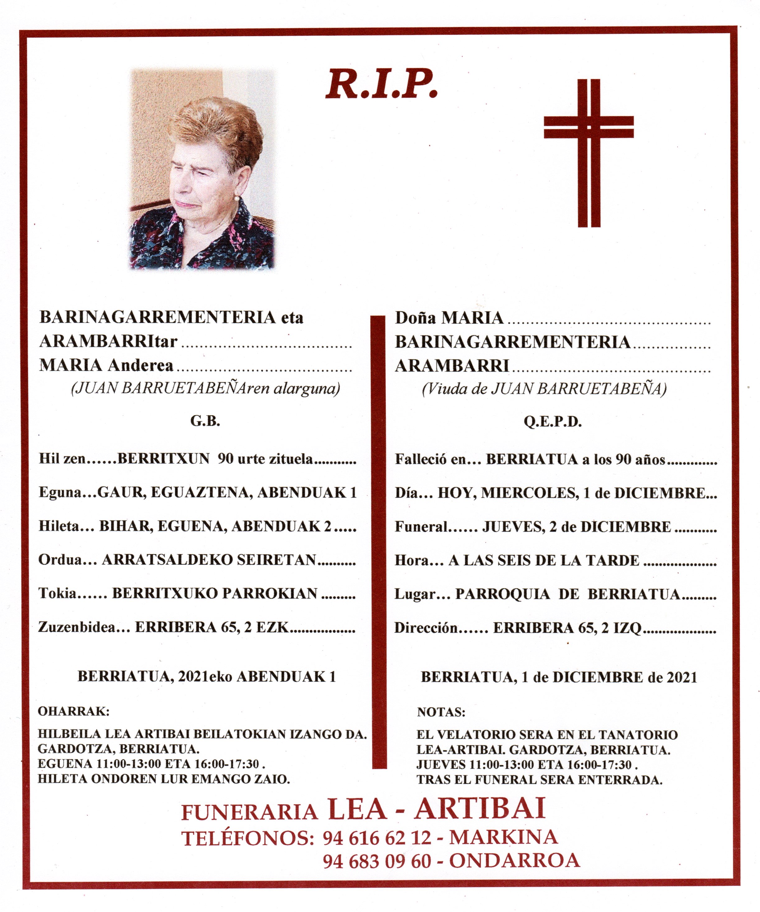 Esquela de Maria Barinagarrementeria Arambarri