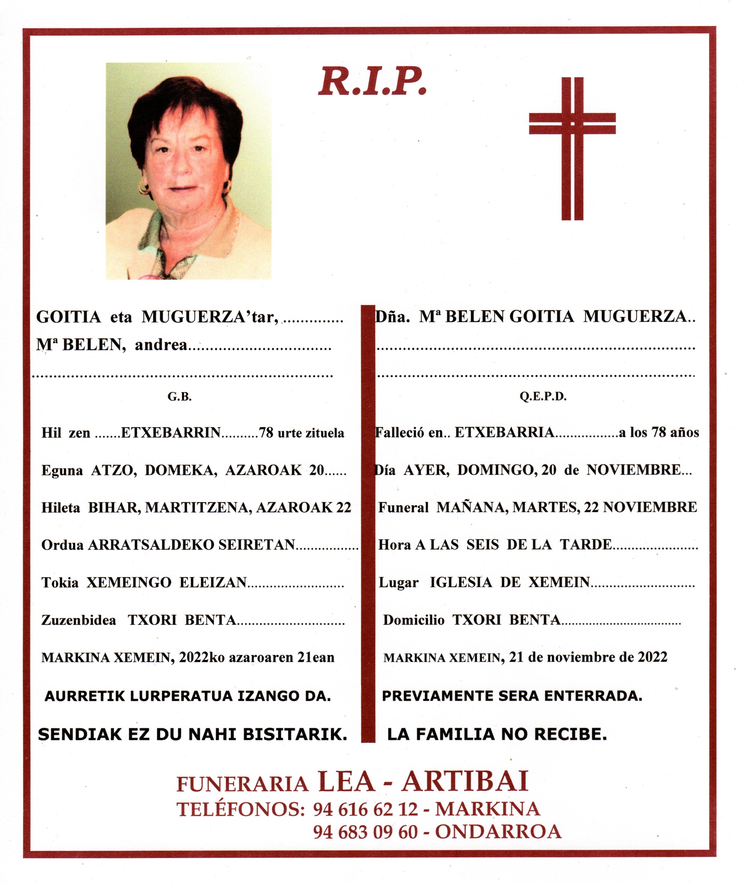 Esquela de Mª Belen Goitia Muguerza