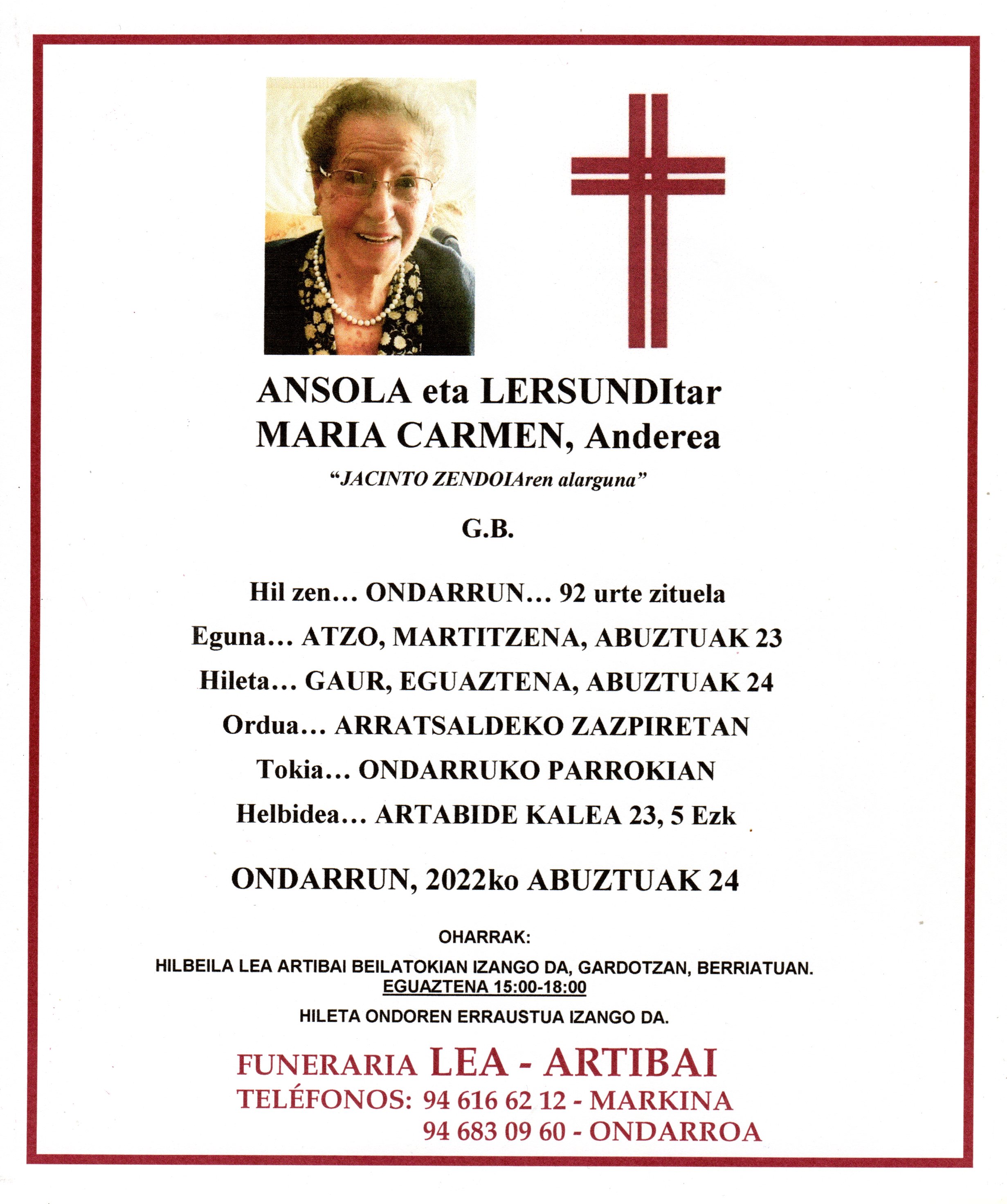 Esquela de Maria Carmen Ansola Lersundi