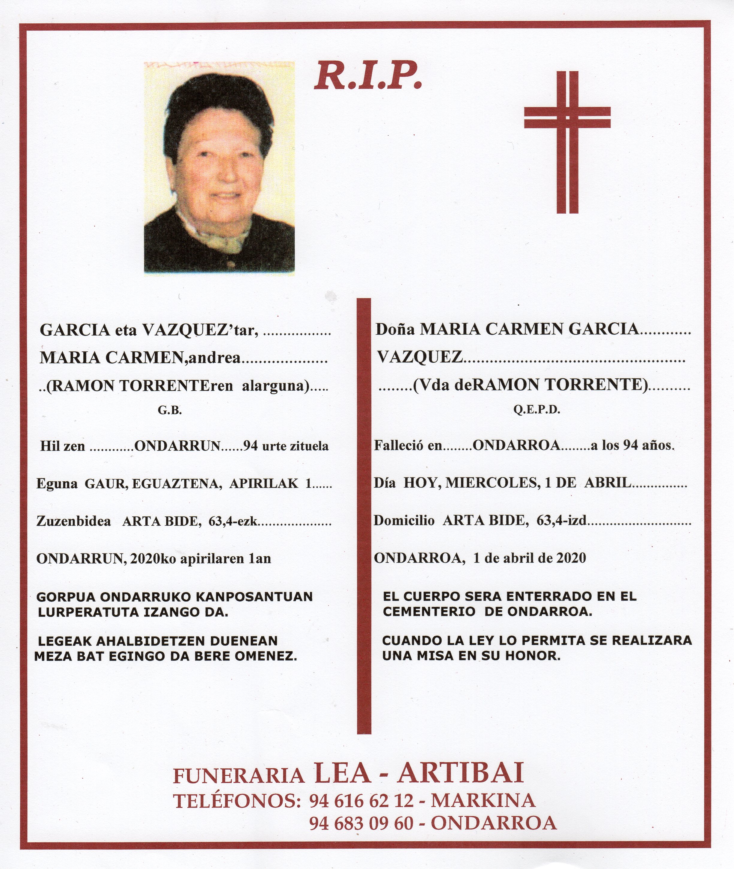 Esquela de Maria Carmen Gacia Vidal