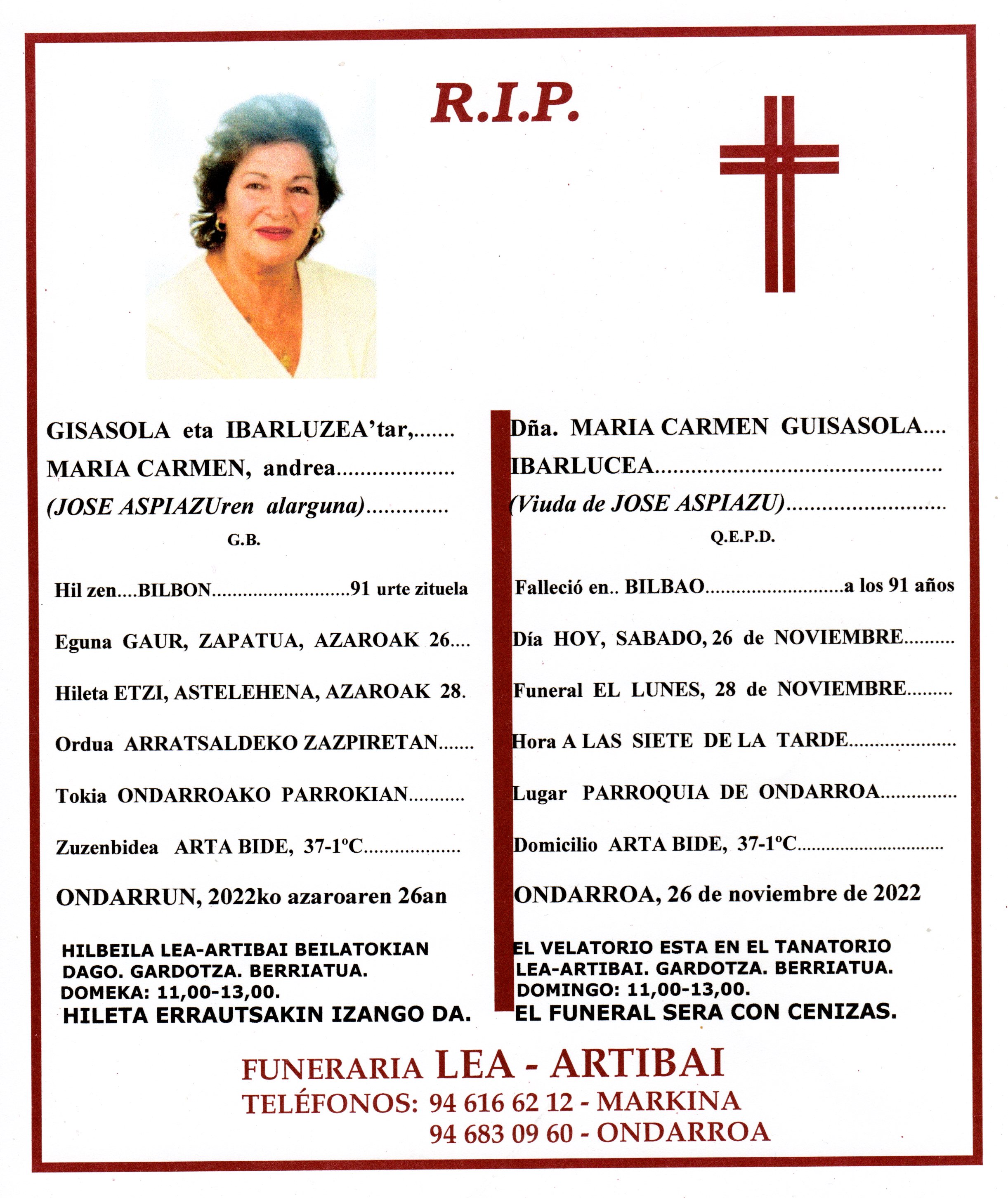 Esquela de Maria Carmen Guisasola Ibarlucea