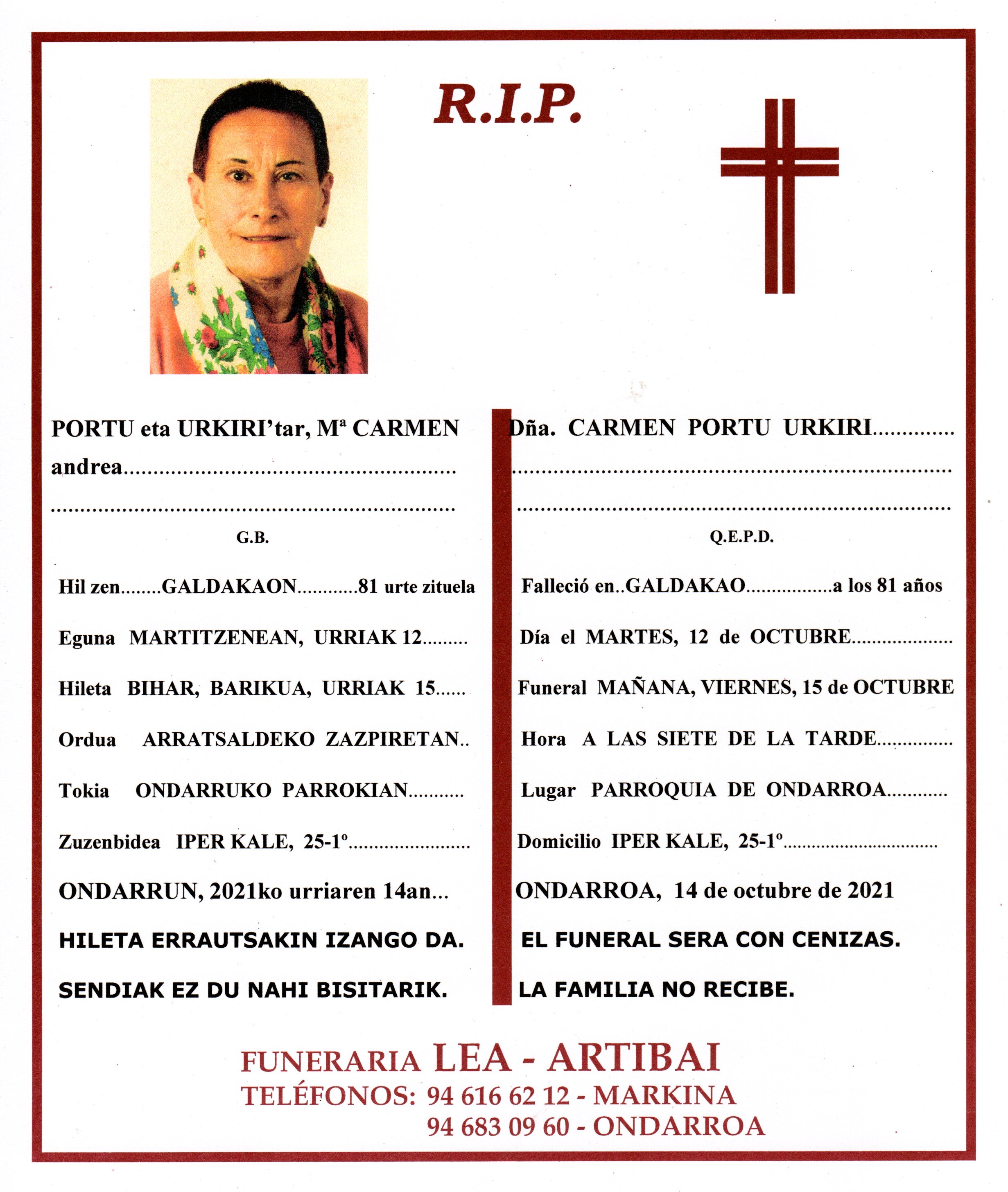 Esquela de Maria Carmen Portu Urkiri