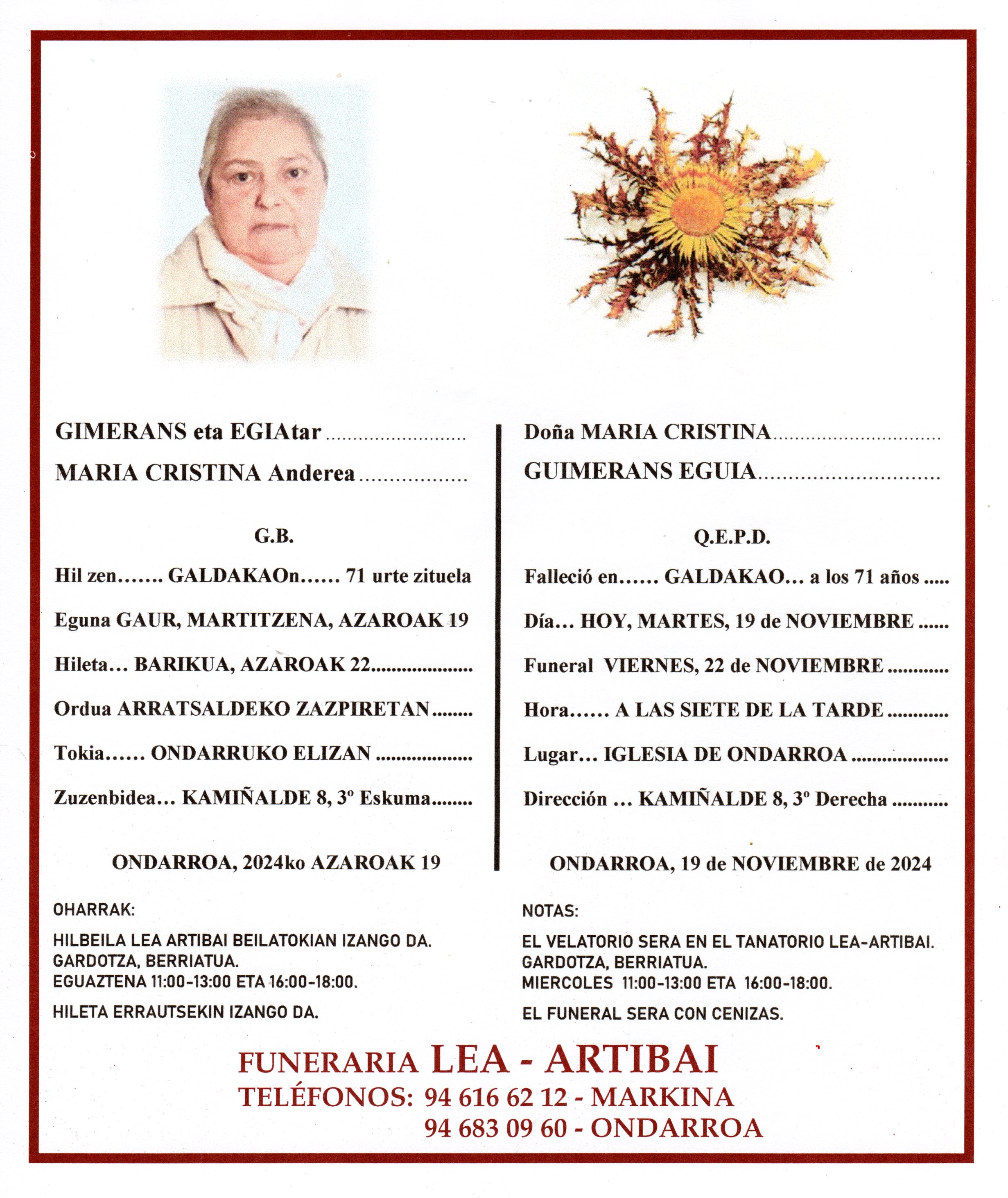 Esquela de Maria Cristina Guimerans Eguia