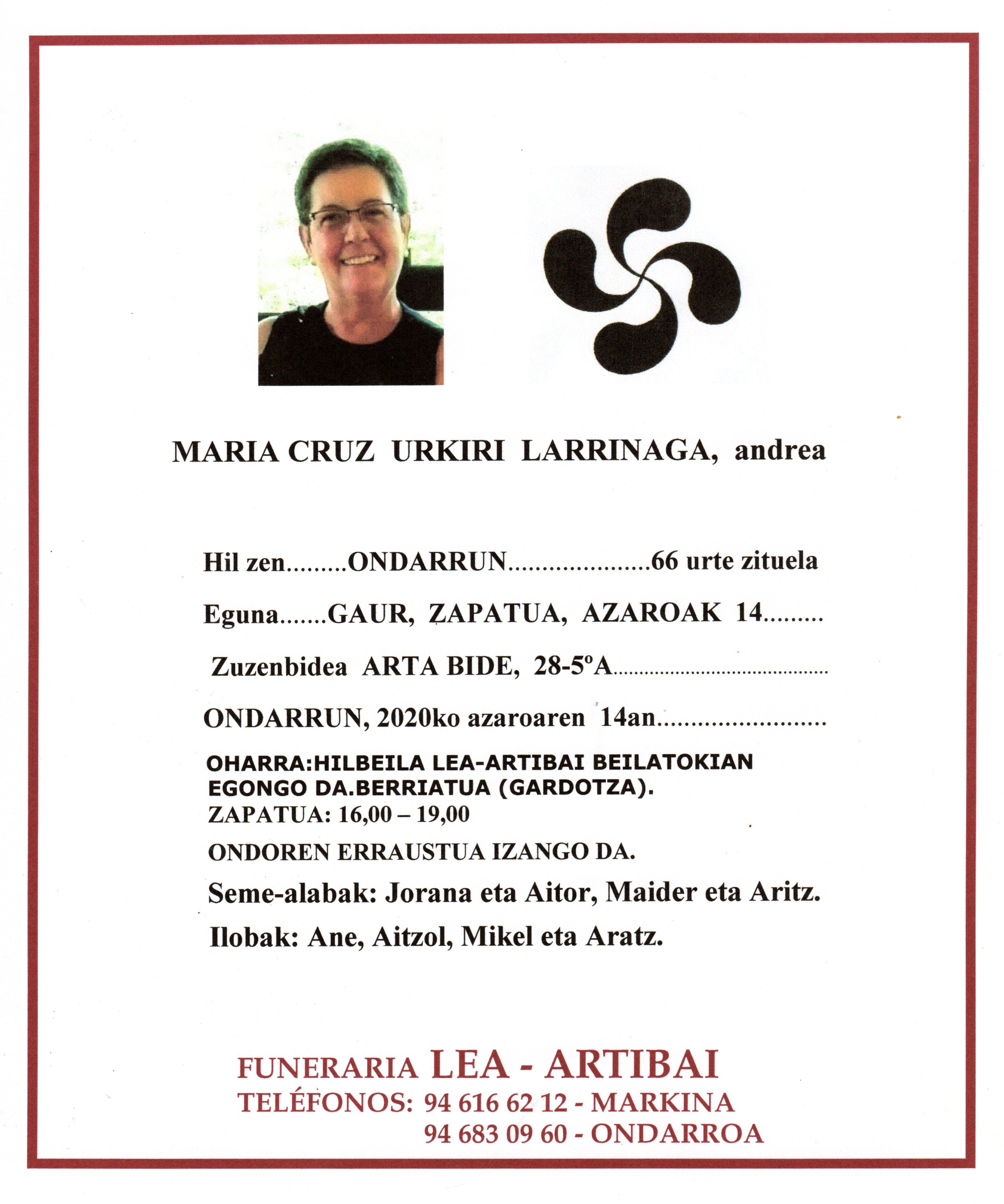 Esquela de Maria Cruz Urkiri Larrinaga