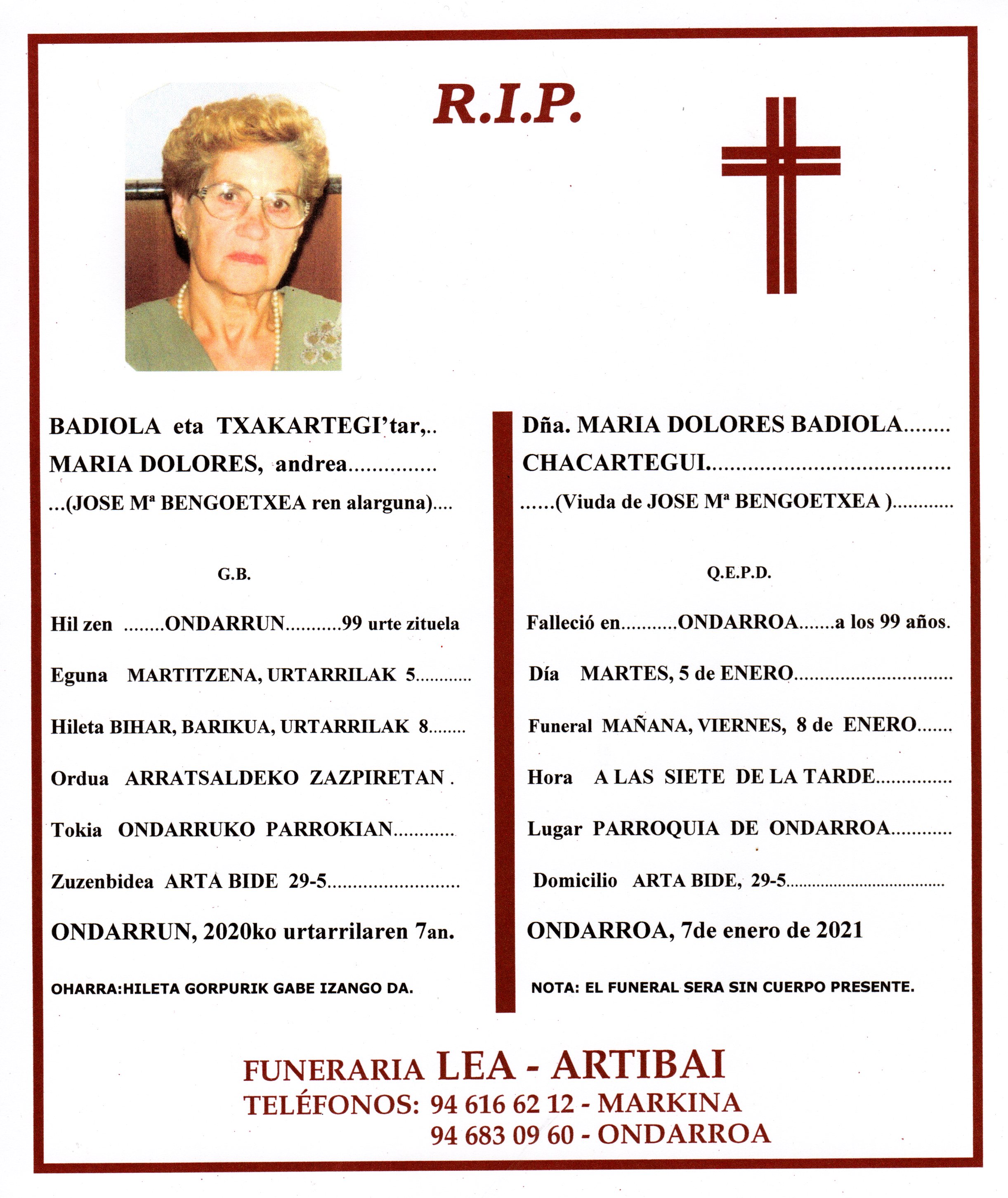 Esquela de Maria Dolores Badiola Txakartegi