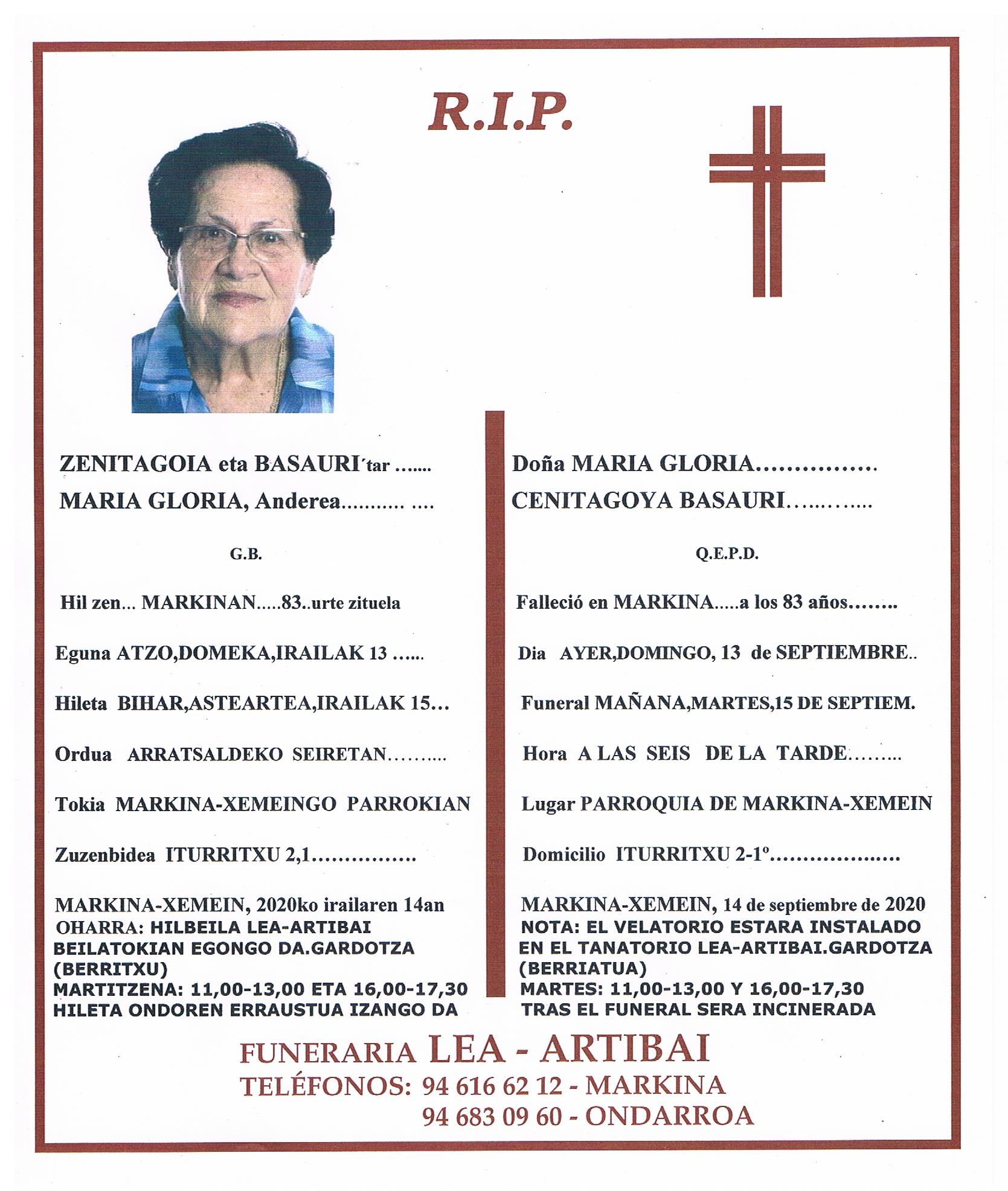 Esquela de Maria Gloria Cenitagoya Basauri