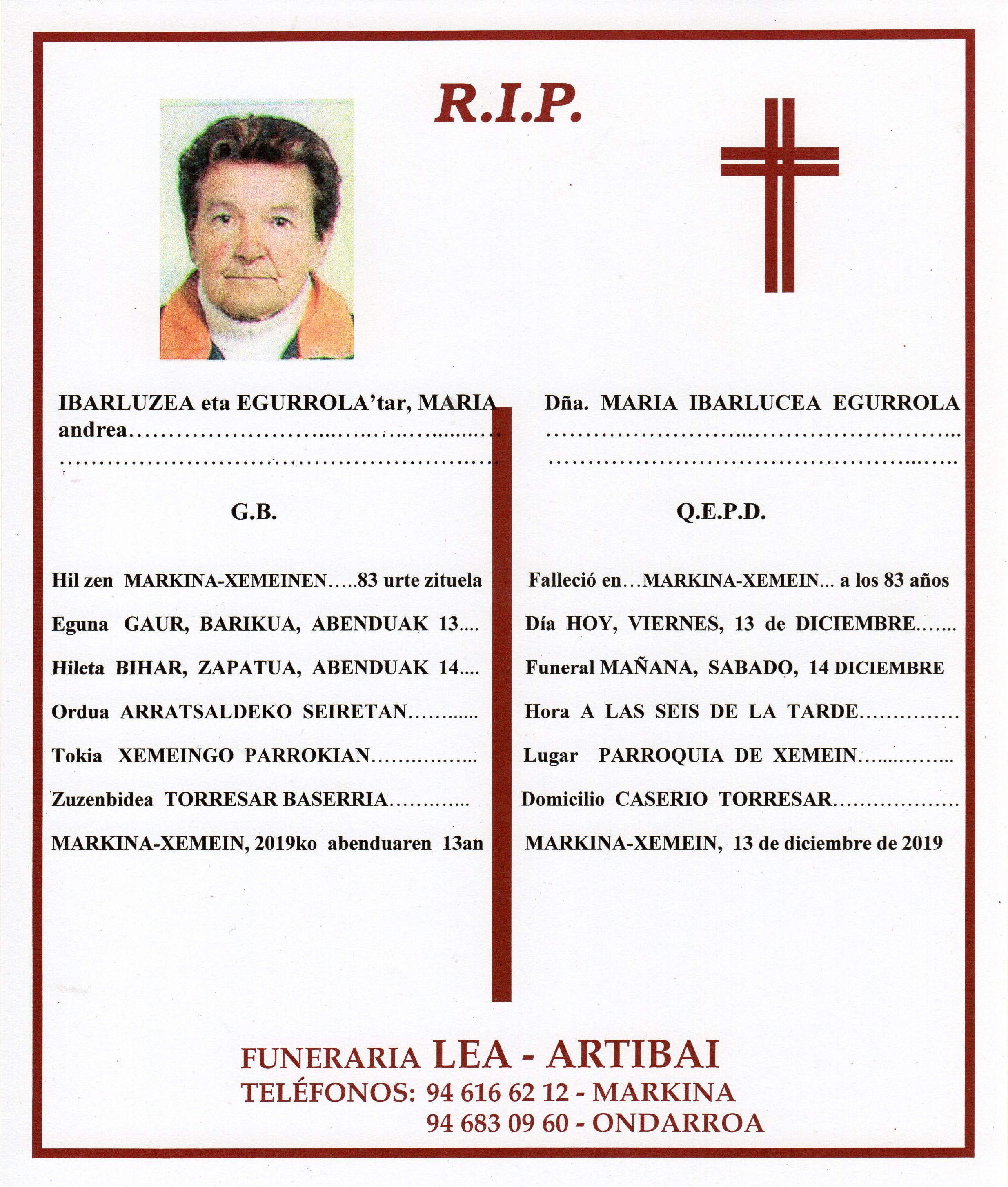Esquela de Maria Ibarluzea Egurrola