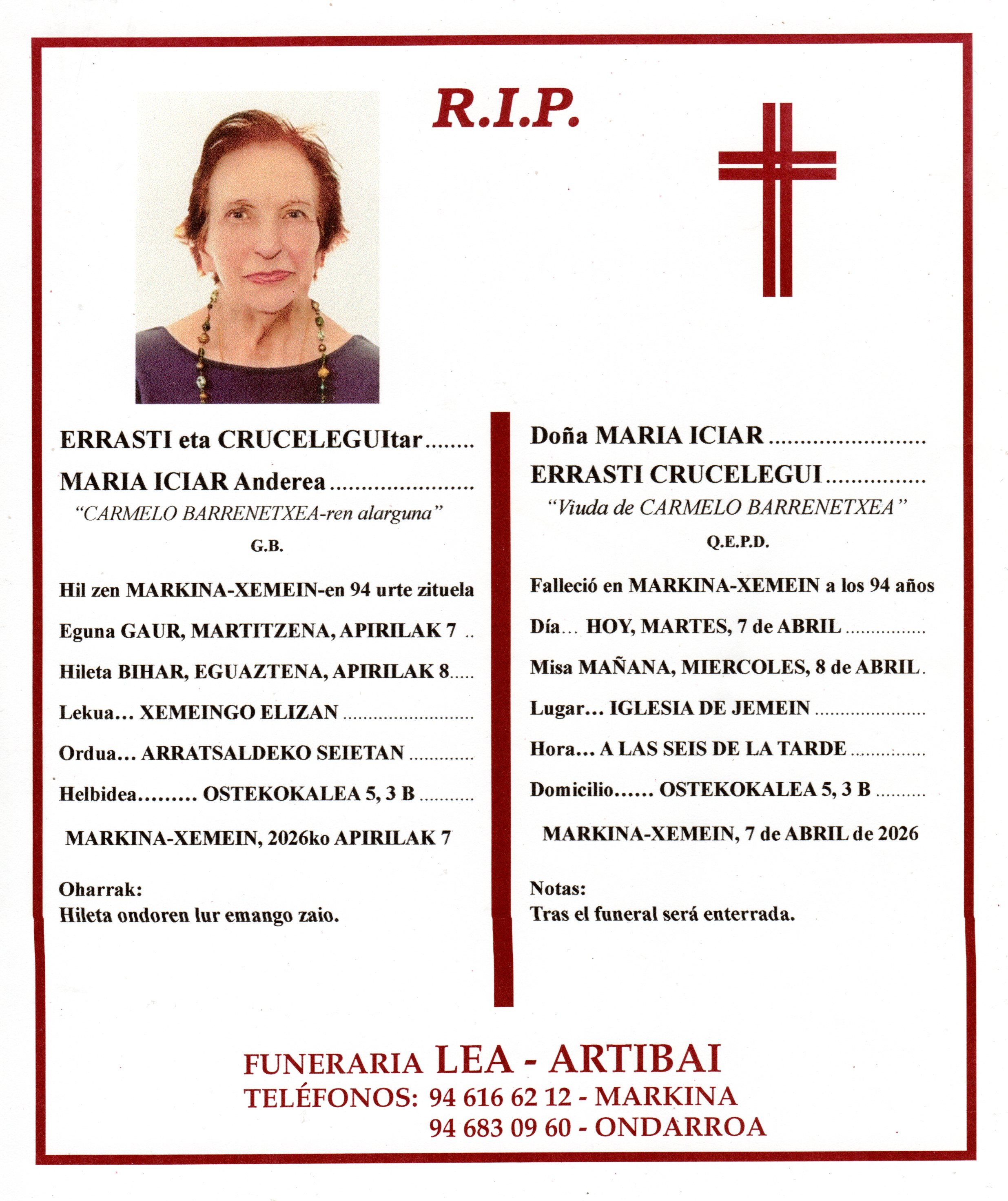 Esquela de Maria Iciar Errasti Crucelegui