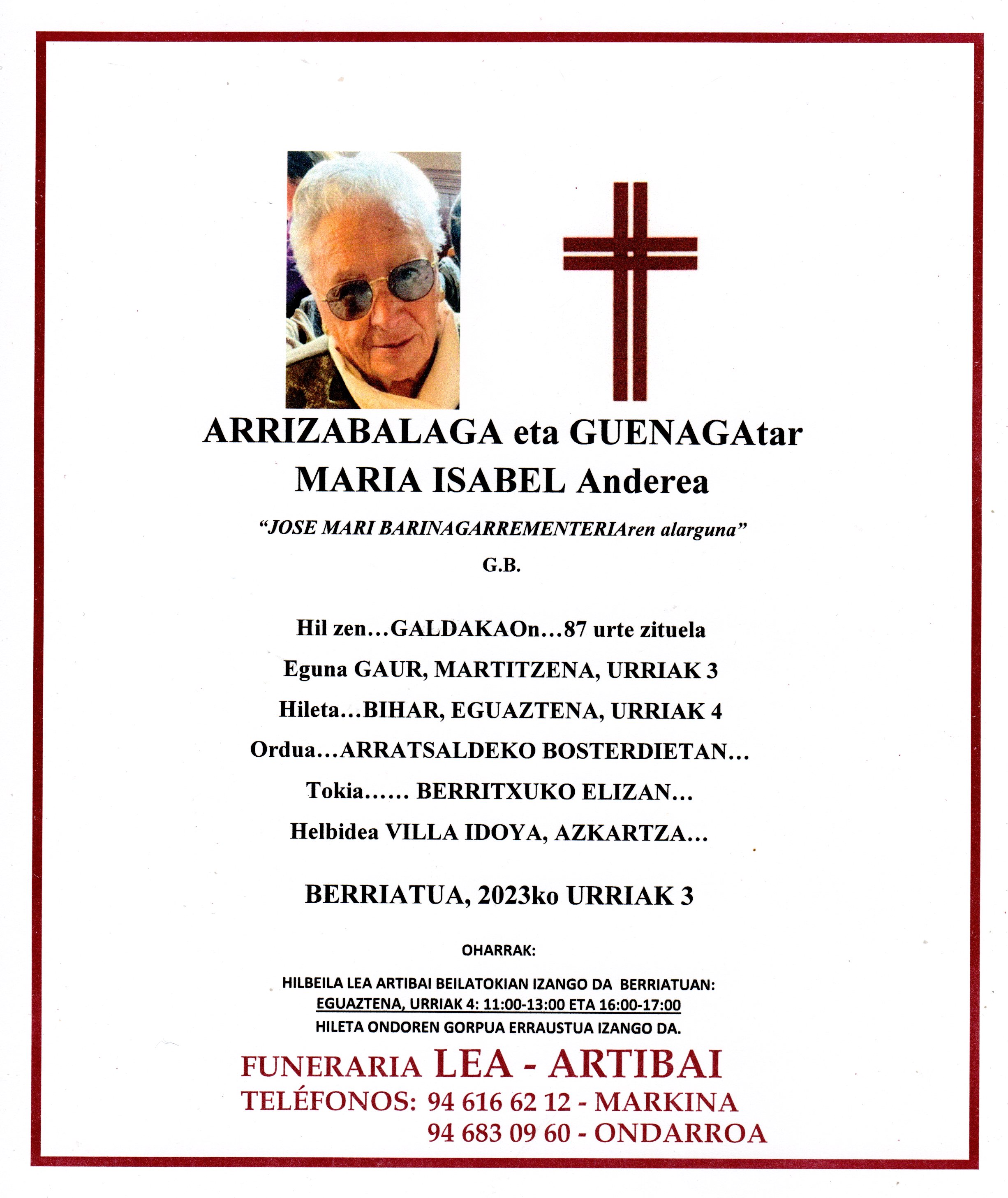 Esquela de Maria Isabel Arrizabalaga Guenaga