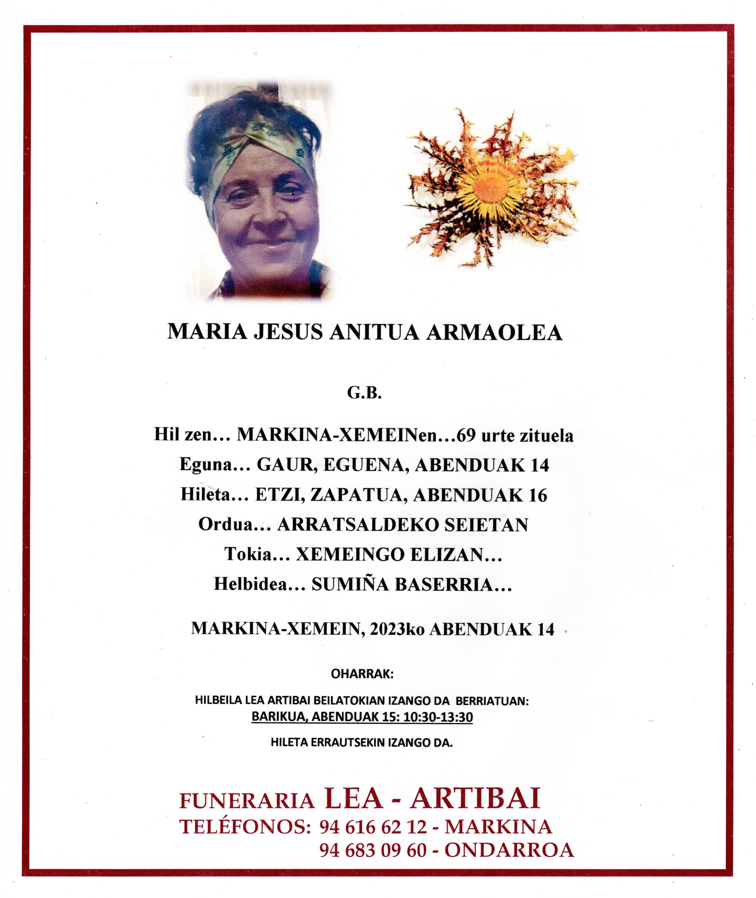 Esquela de Maria Jesus Anitua Armaolea