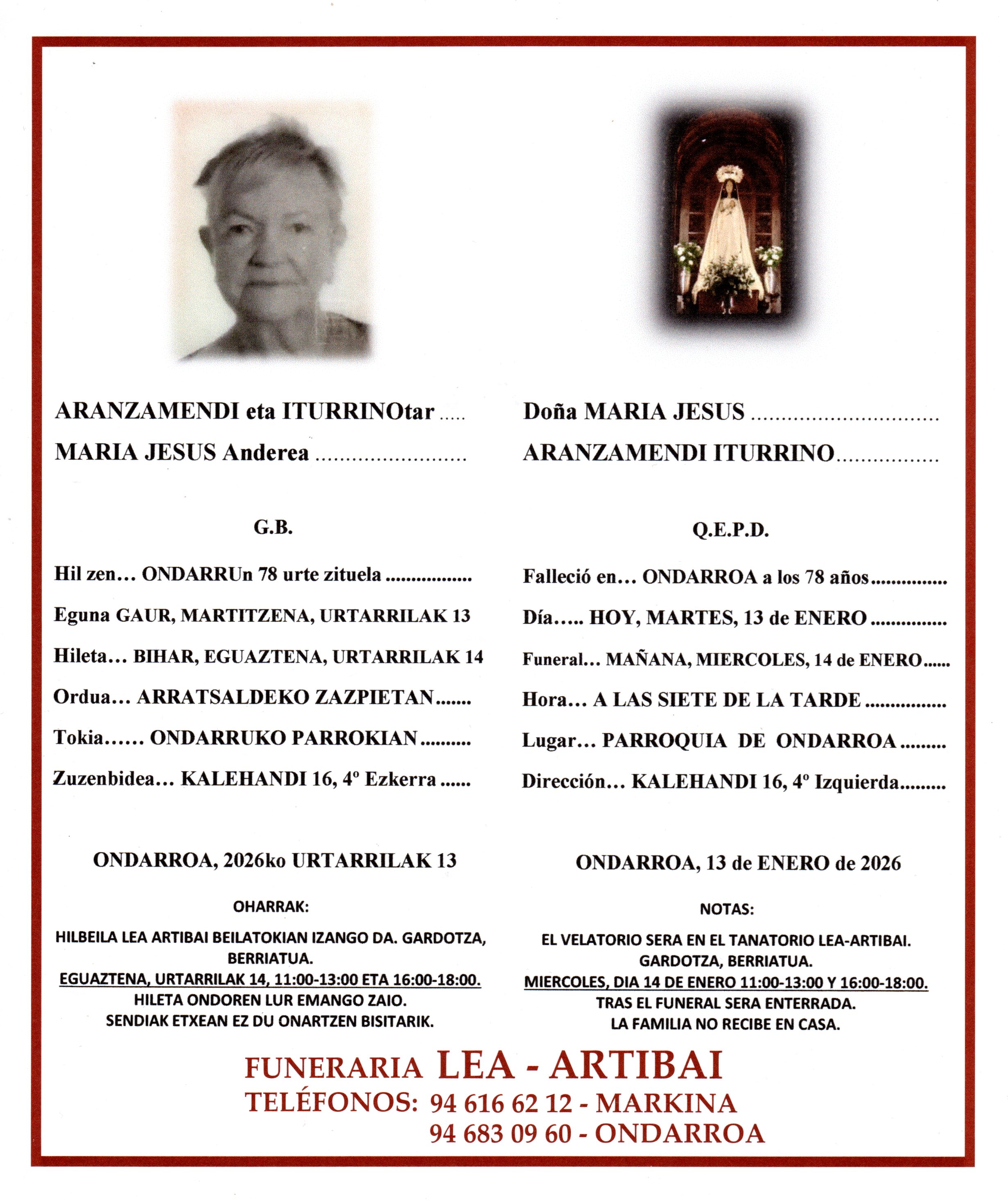 Esquela de Maria Jesus Aranzamendi Iturrino