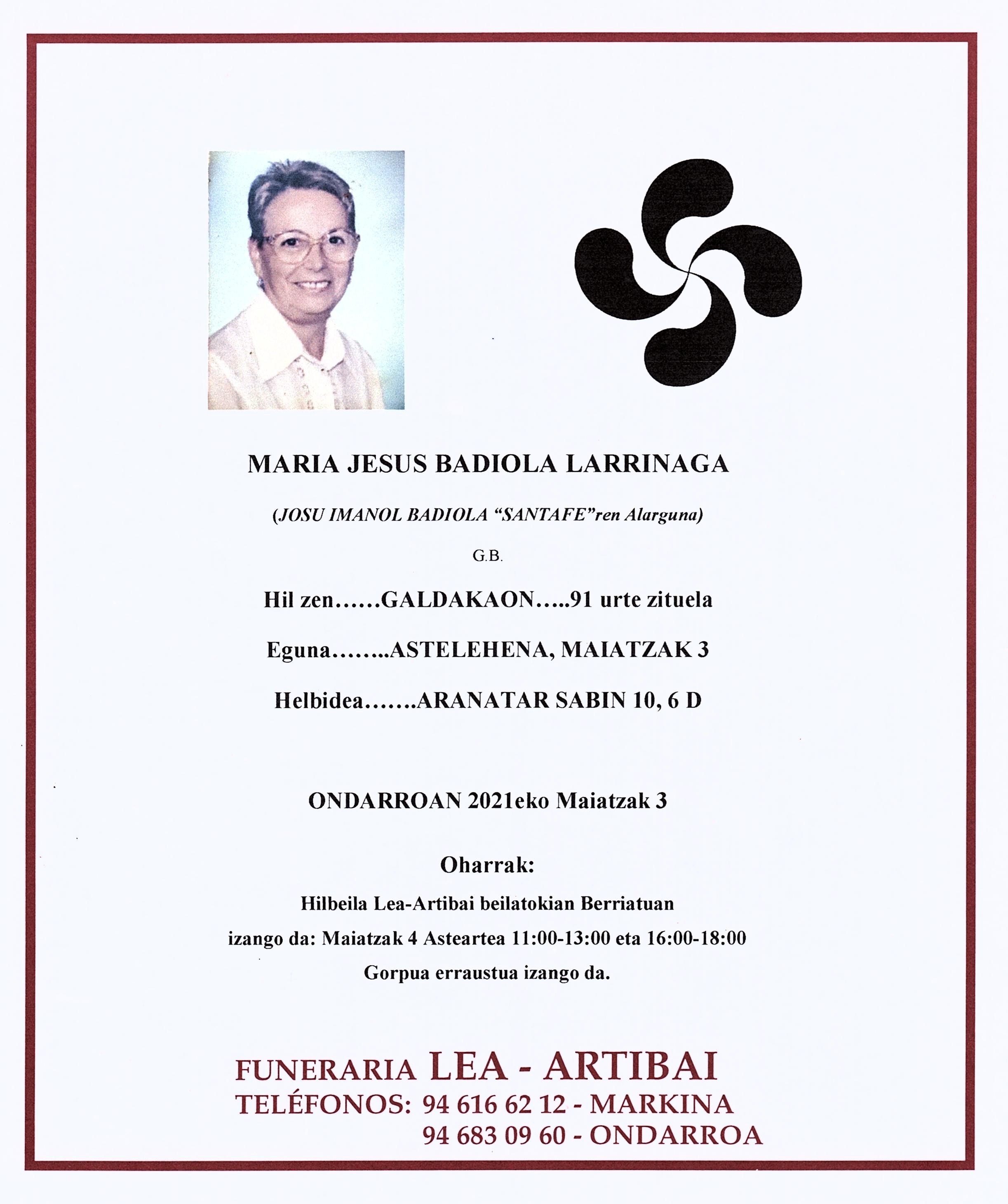 Esquela de Maria Jesus Badiola Larrinaga