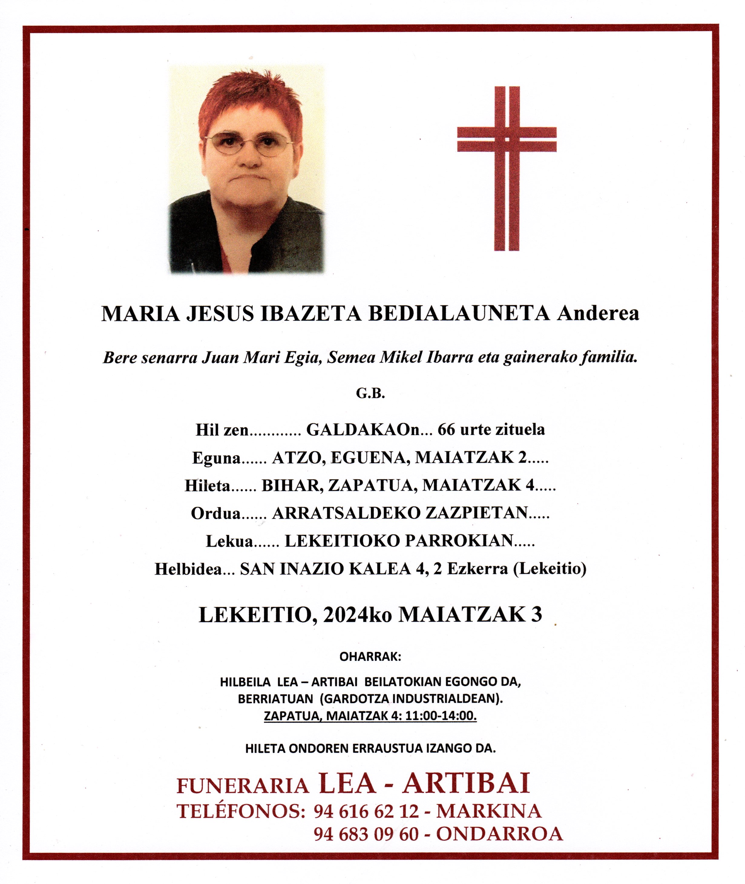 Esquela de Maria Jesus Ibazeta Bedialauneta