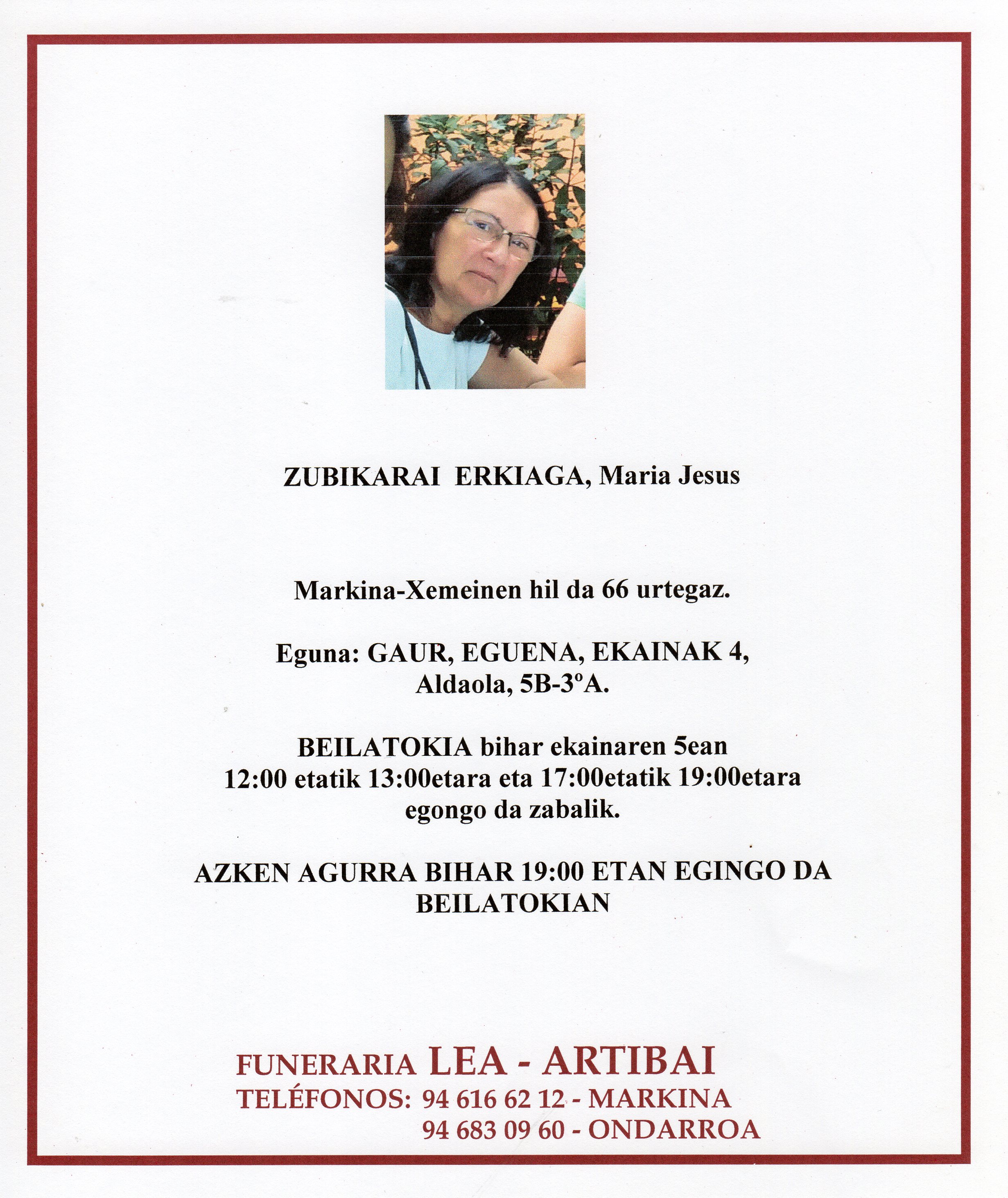 Esquela de Maria Jesus Zubikarai Erkiaga