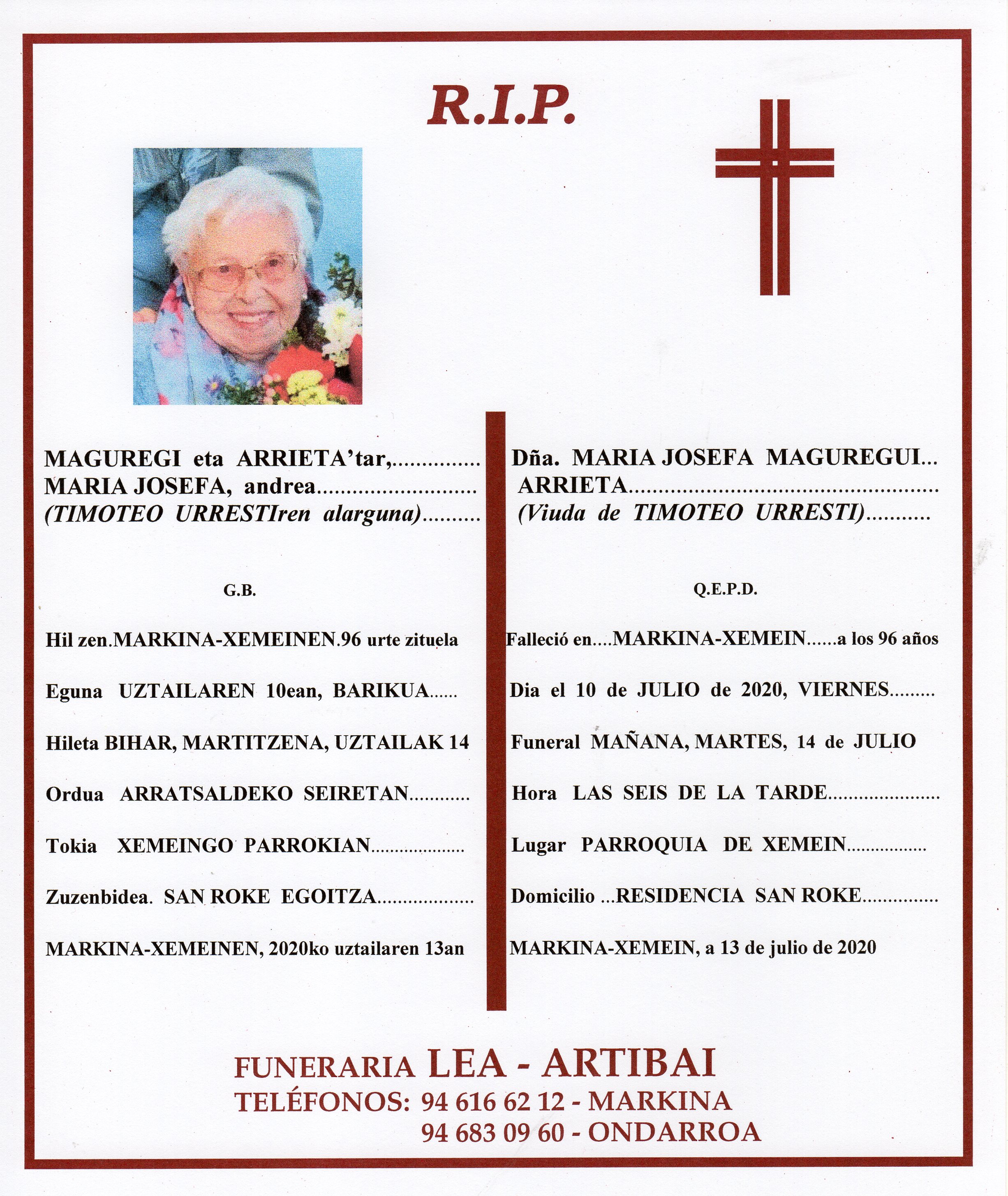 Esquela de Maria Josefa Maguregui Arrieta