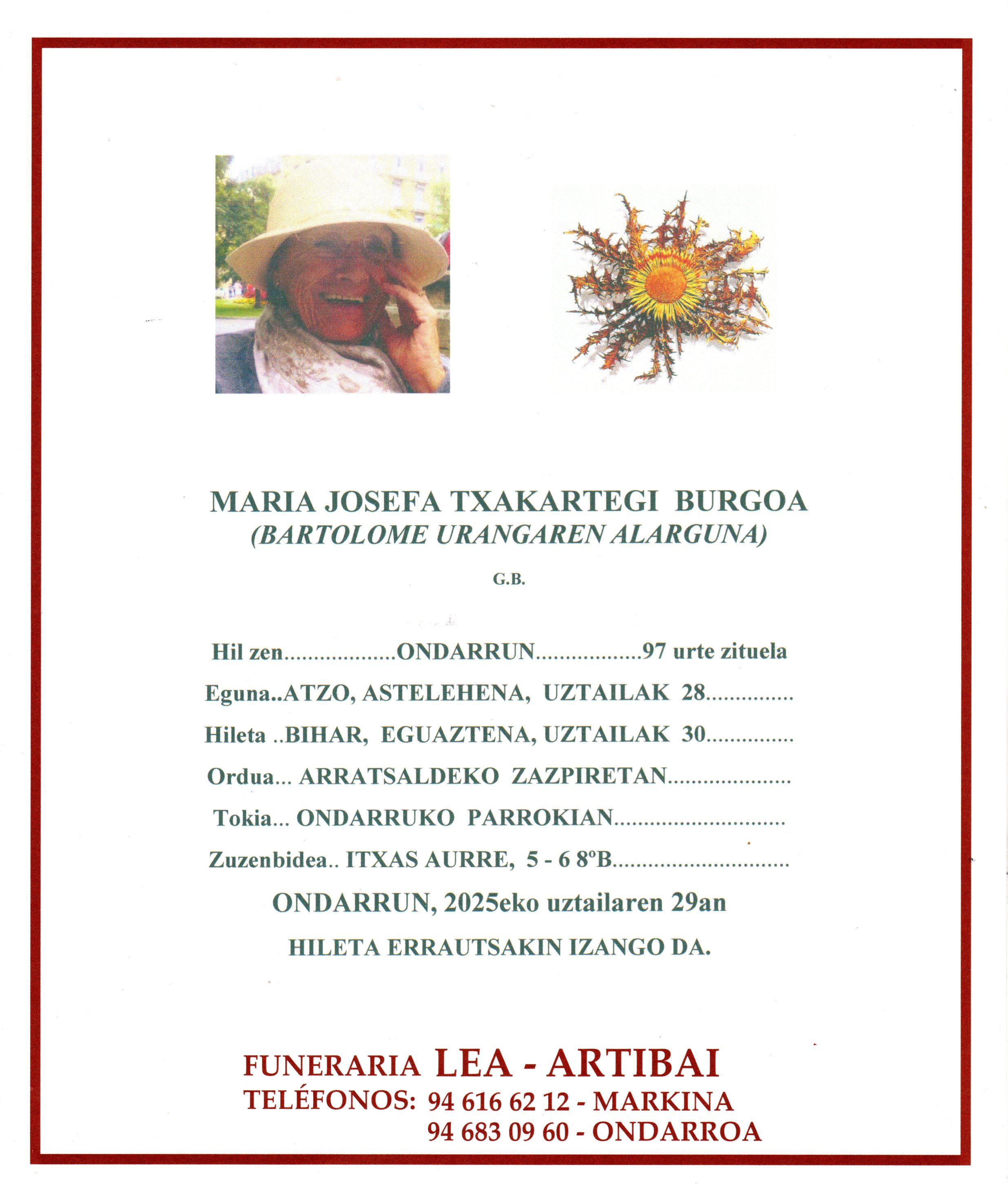 Esquela de Maria Josefa Txakartegi Burgoa