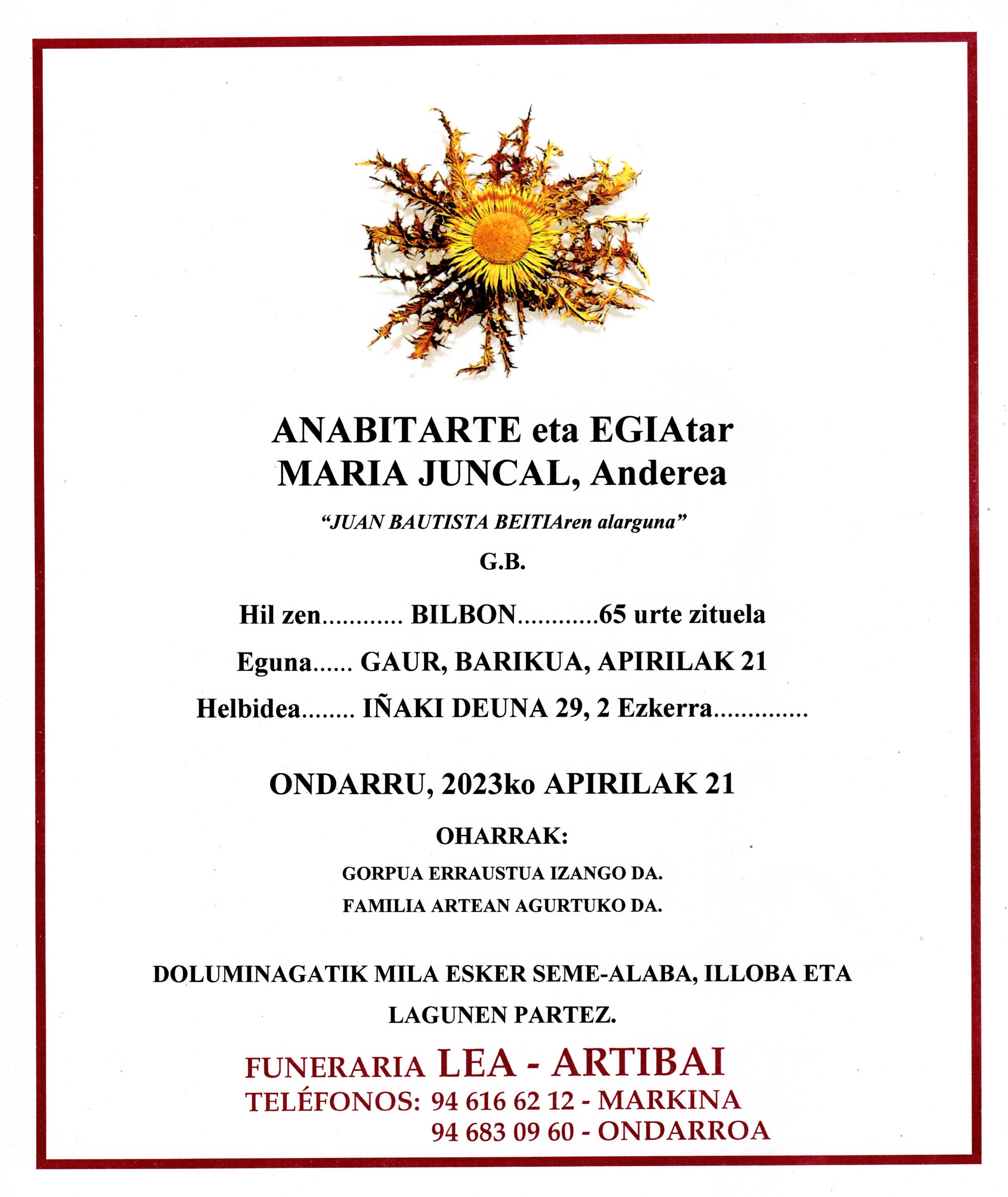 Esquela de Maria Juncal Anabitarte Egia
