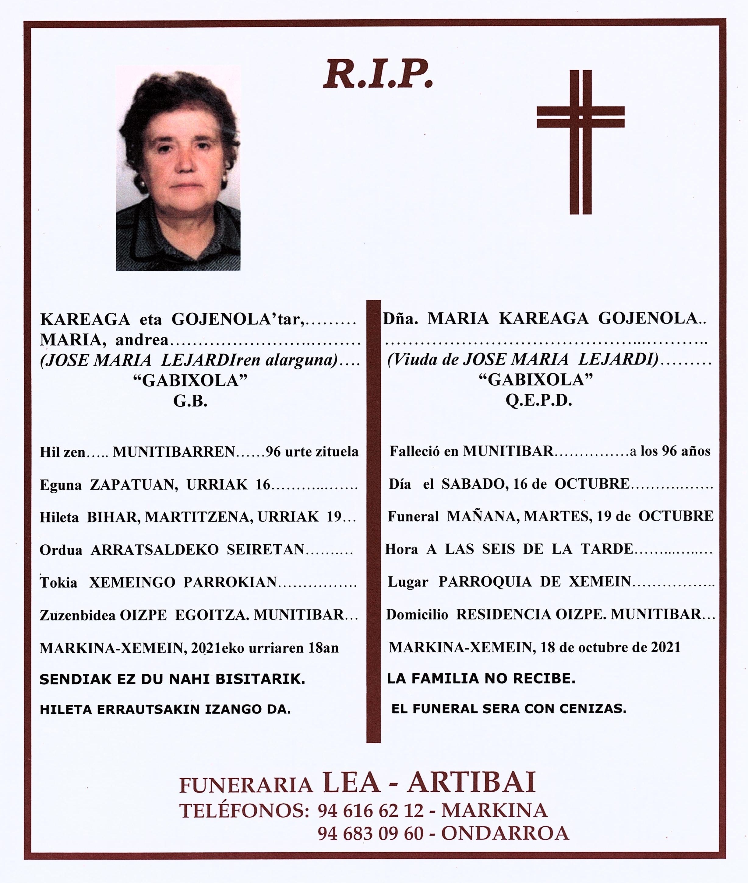 Esquela de Maria Kareaga Gojenola