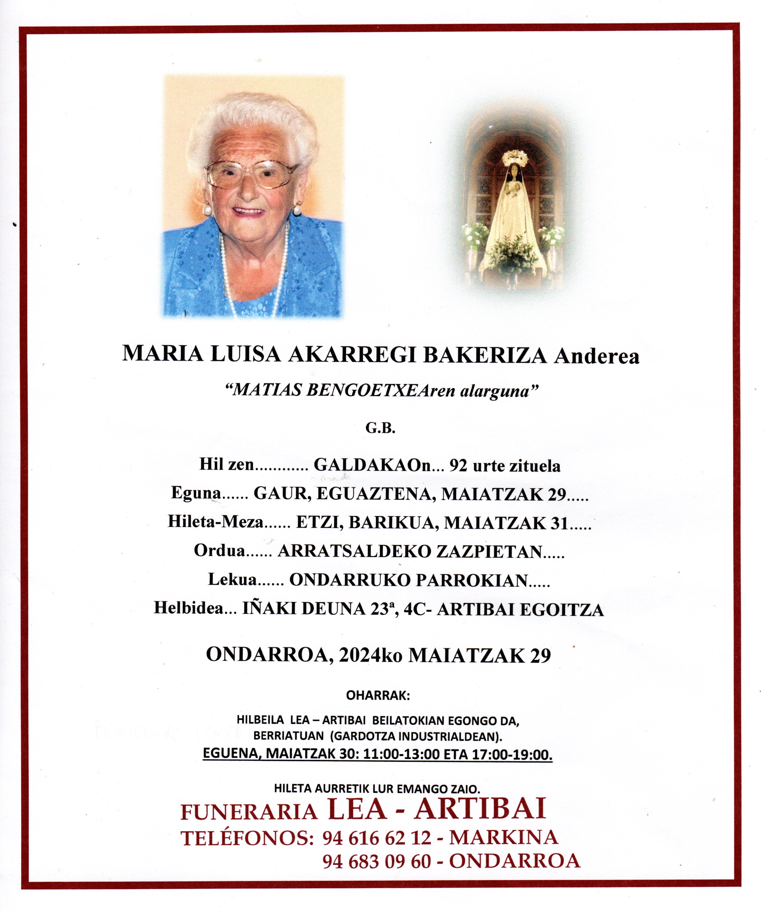 Esquela de Maria Luisa Akarregi Bakeriza