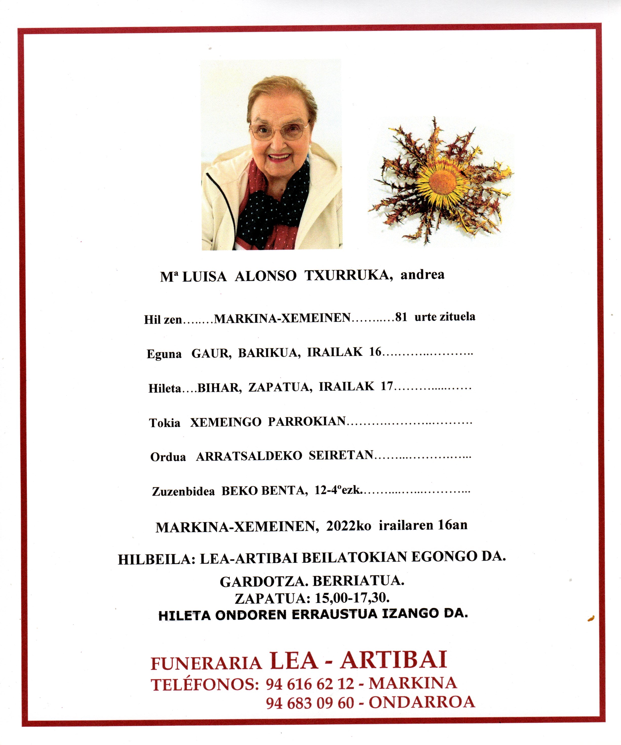 Esquela de Maria Luisa Alonso Txurruka