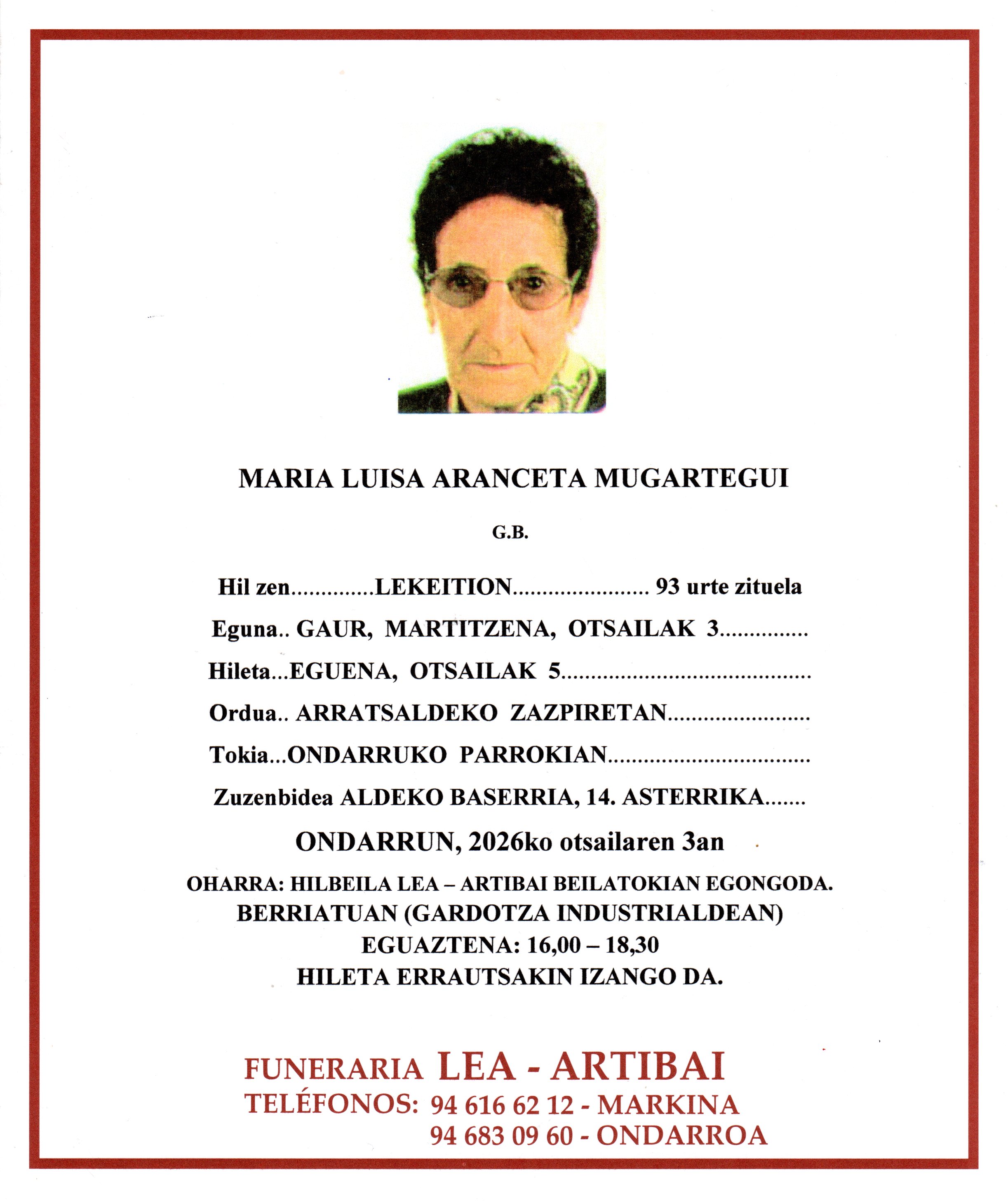 Esquela de Maria Luisa Aranceta Mugartegui