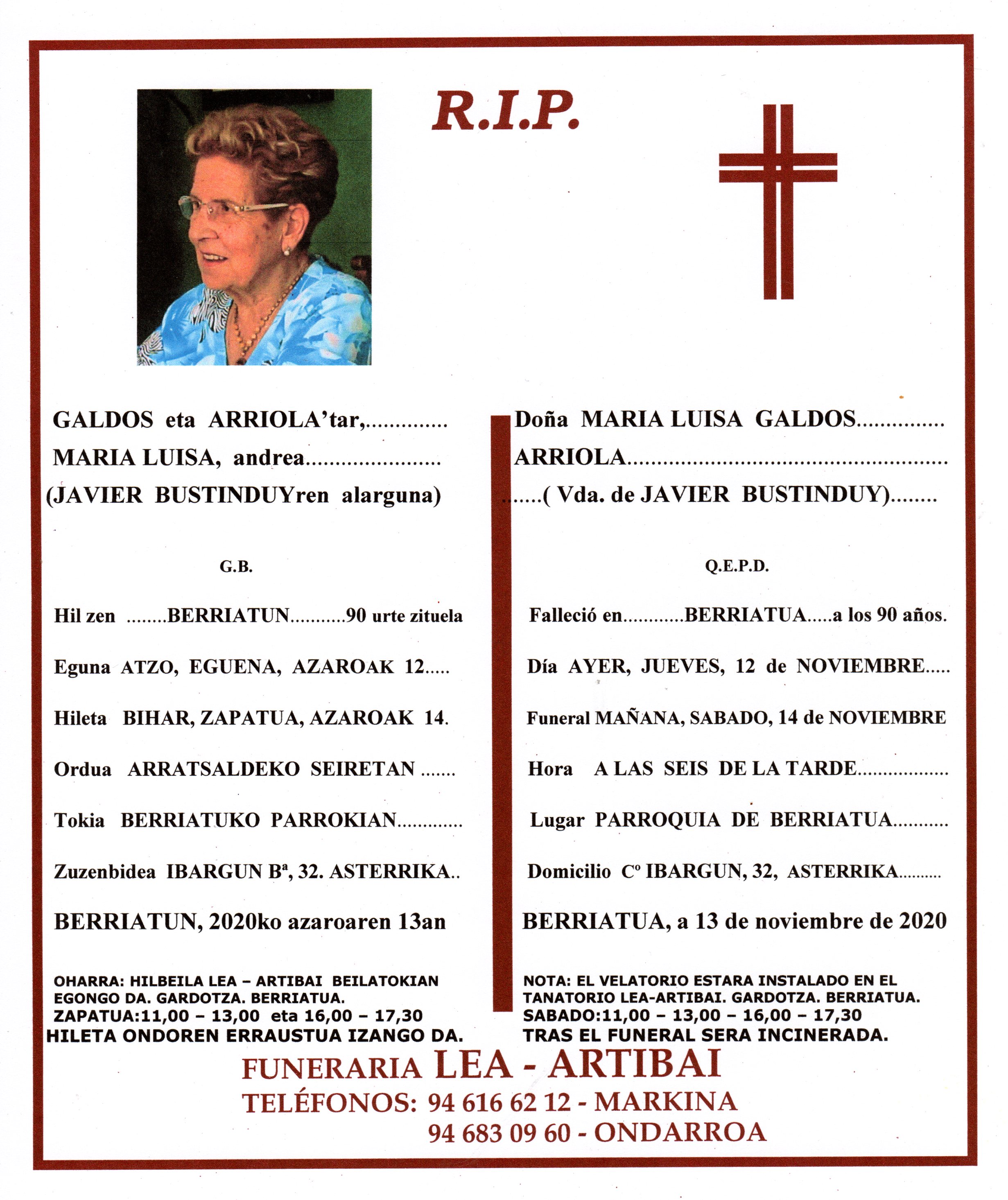 Esquela de Maria Luisa Galdos Arriola