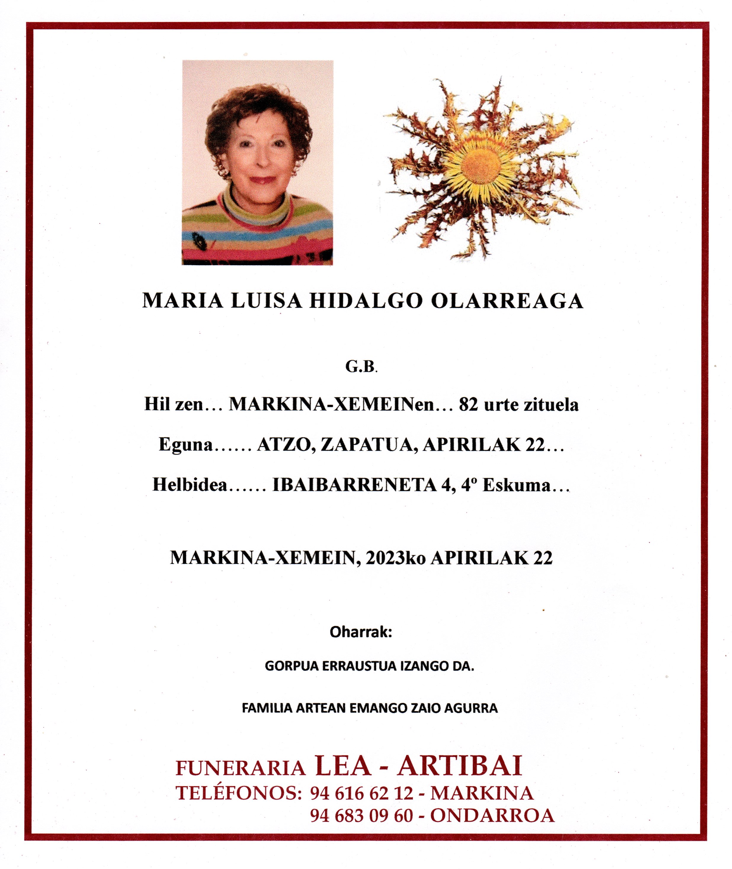 Esquela de Maria Luisa Hidalgo Olarreaga