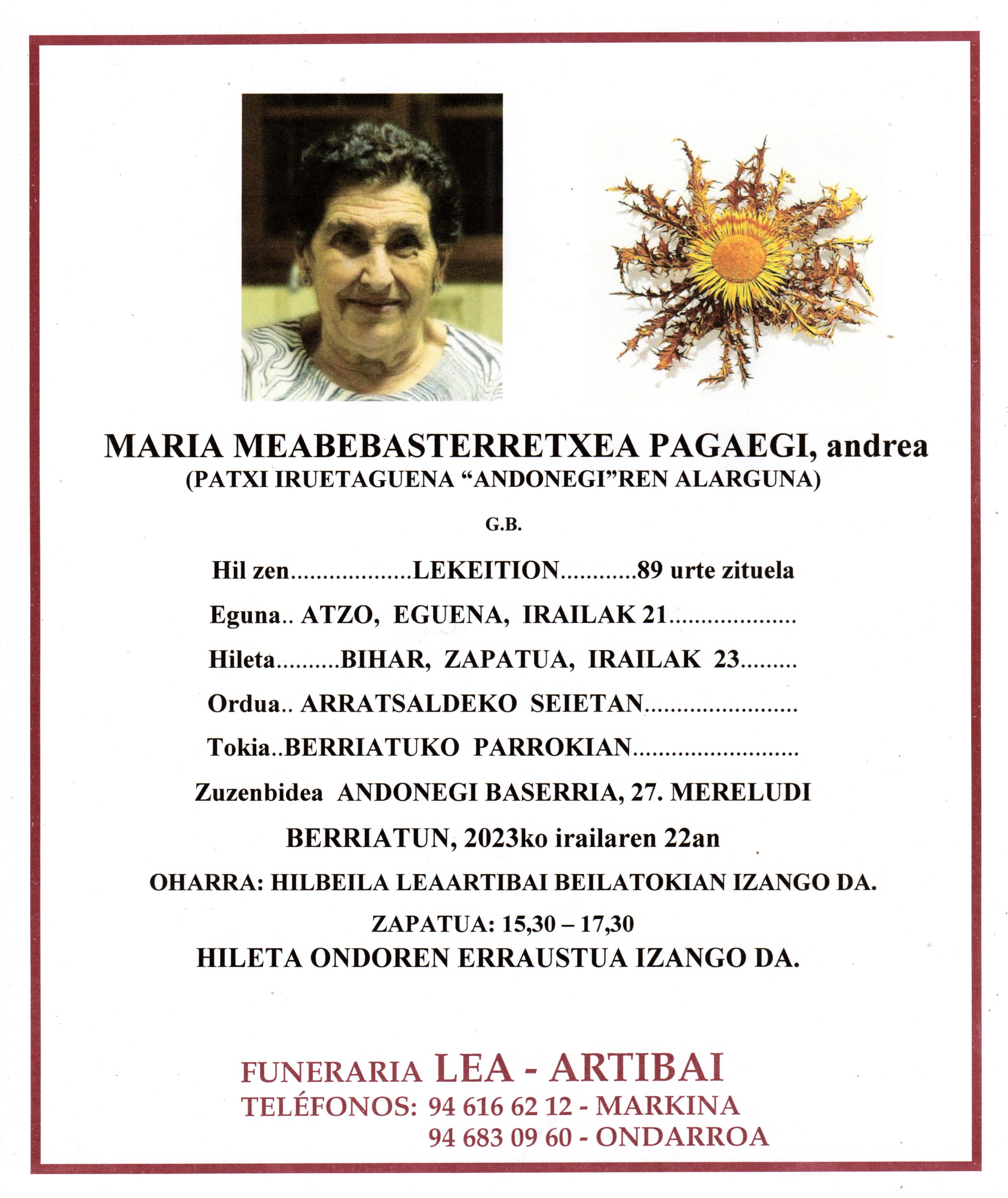 Esquela de Maria Meabebasterretxea Pagaegi