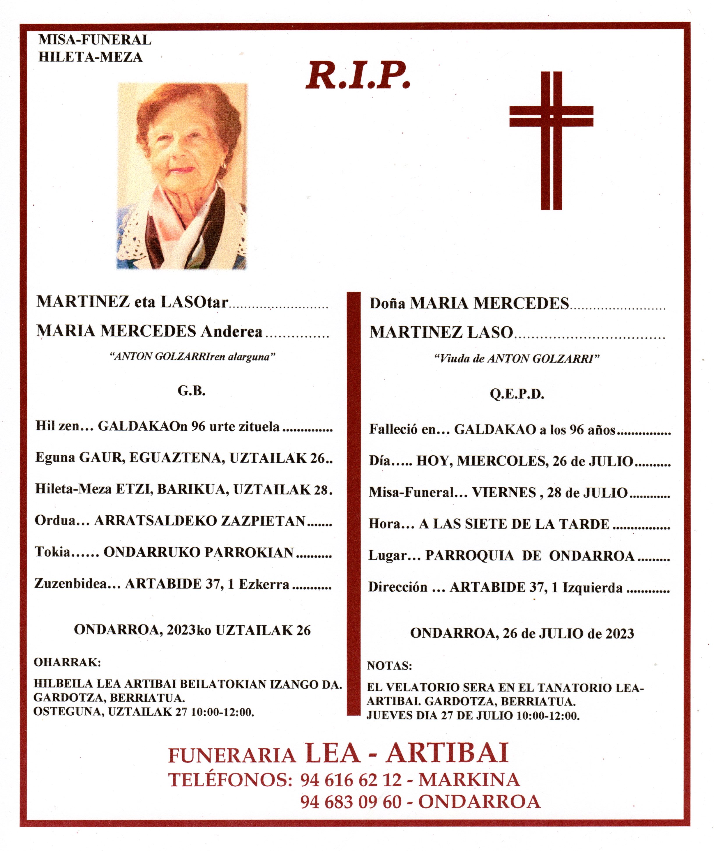 Esquela de Maria Mercedes Martinez Laso