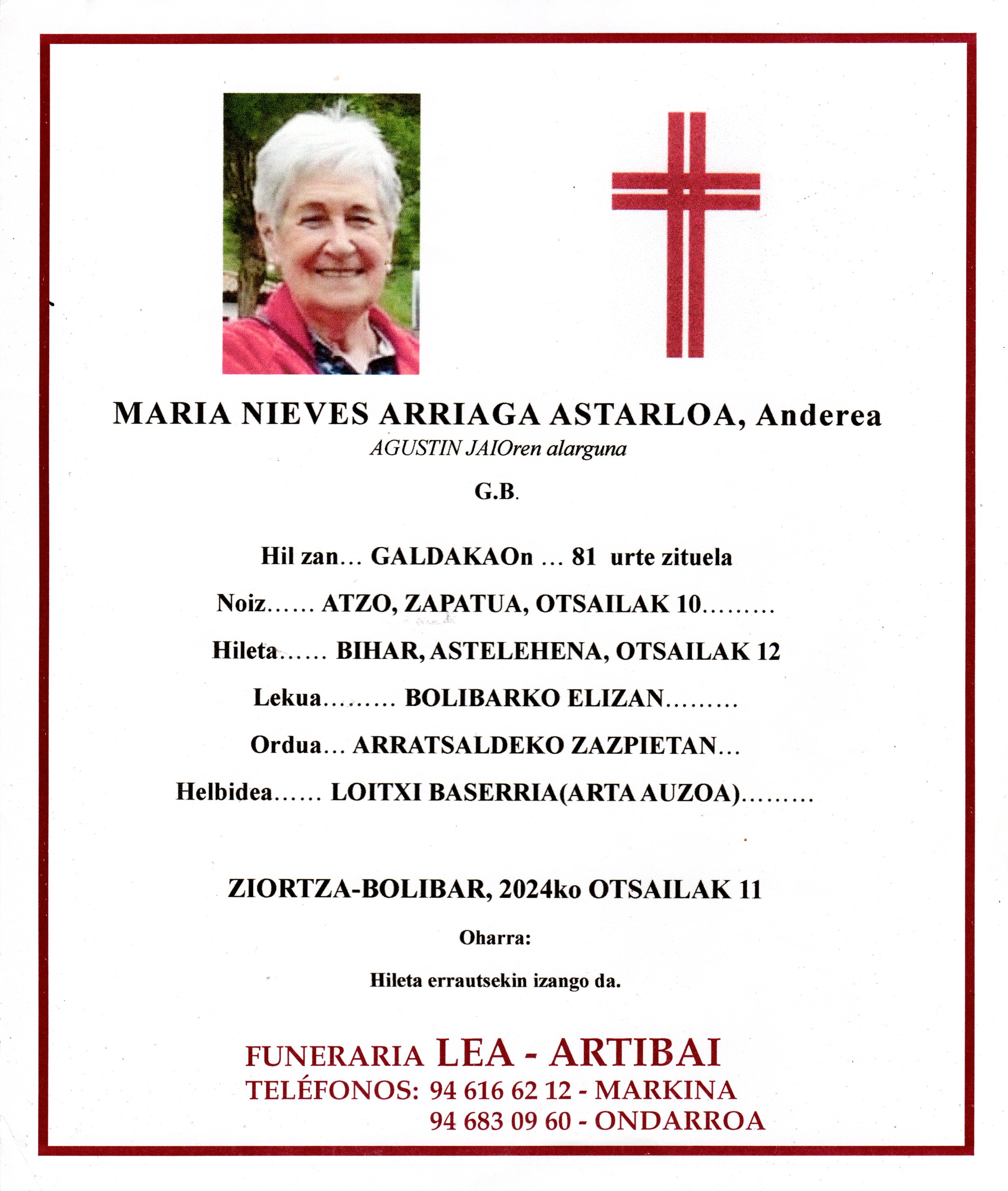 Esquela de Maria Nieves Arriaga Astarloa