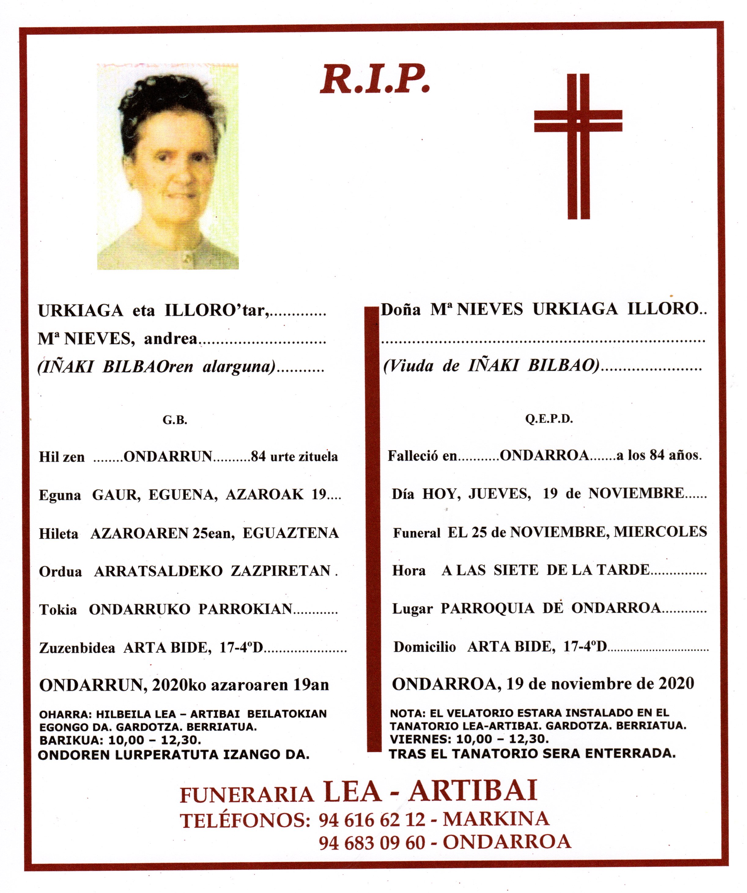 Esquela de Maria Nieves Urkiaga Illoro