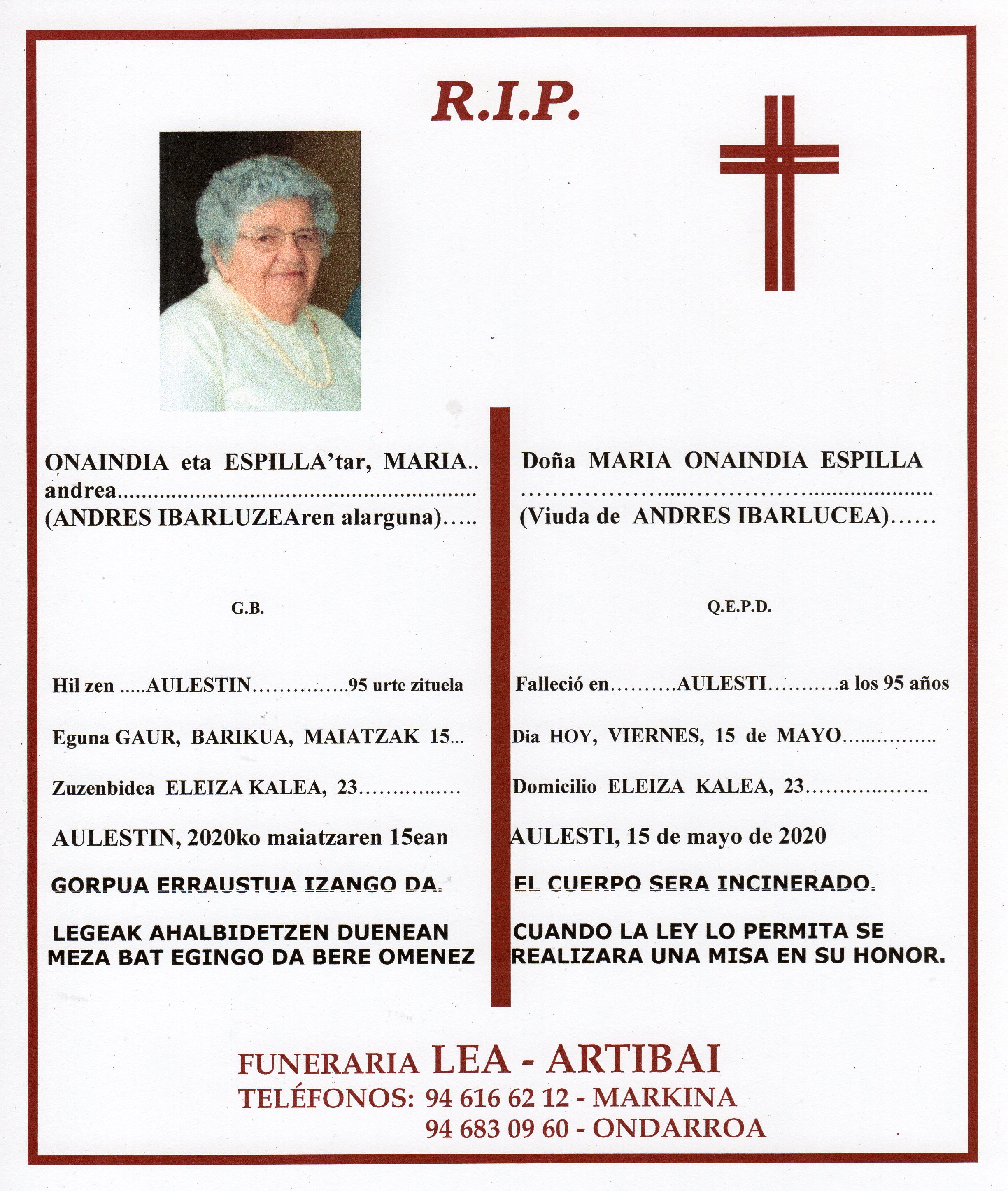 Esquela de Maria Onaindia Espilla