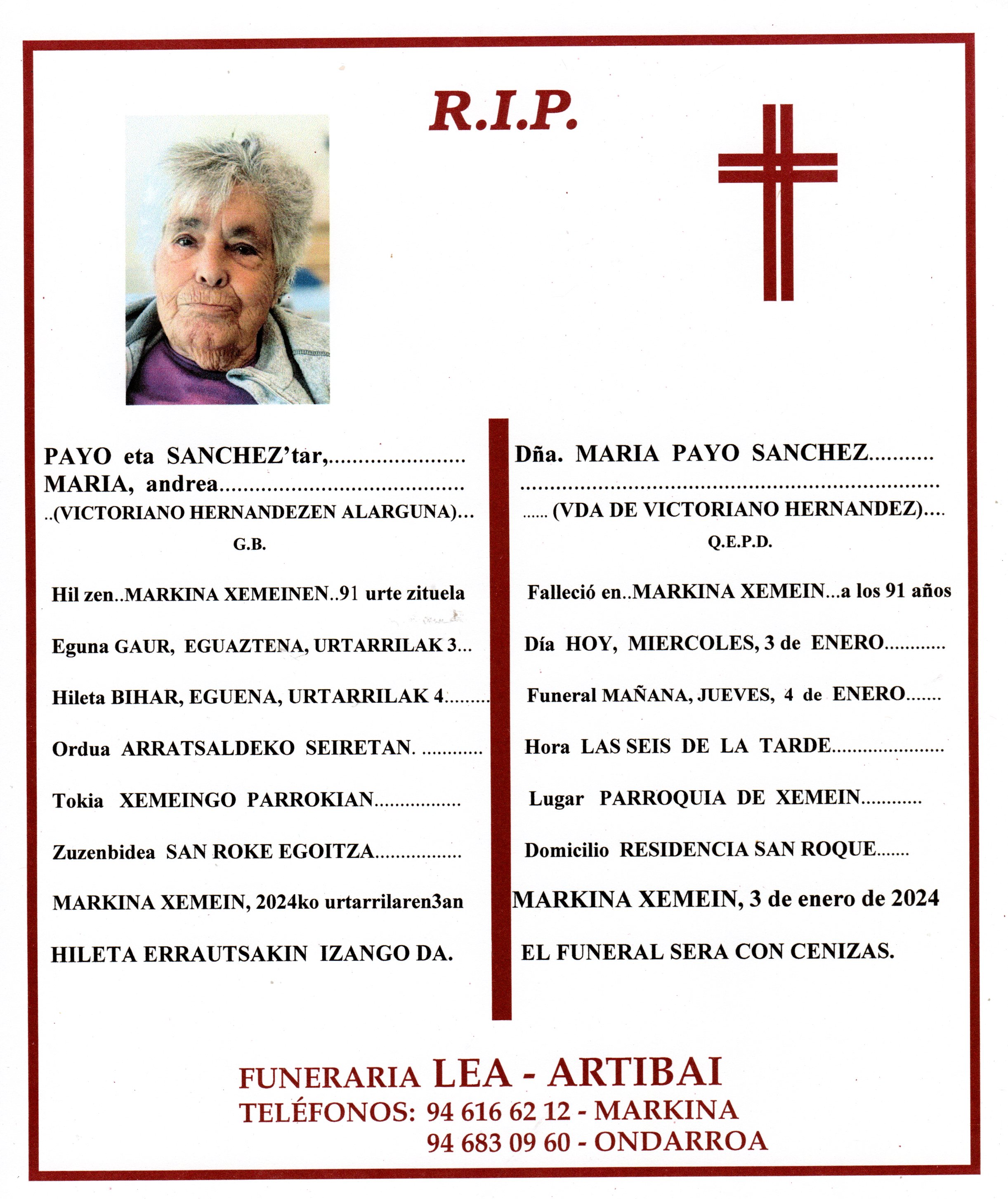 Esquela de Maria Payo Sanchez