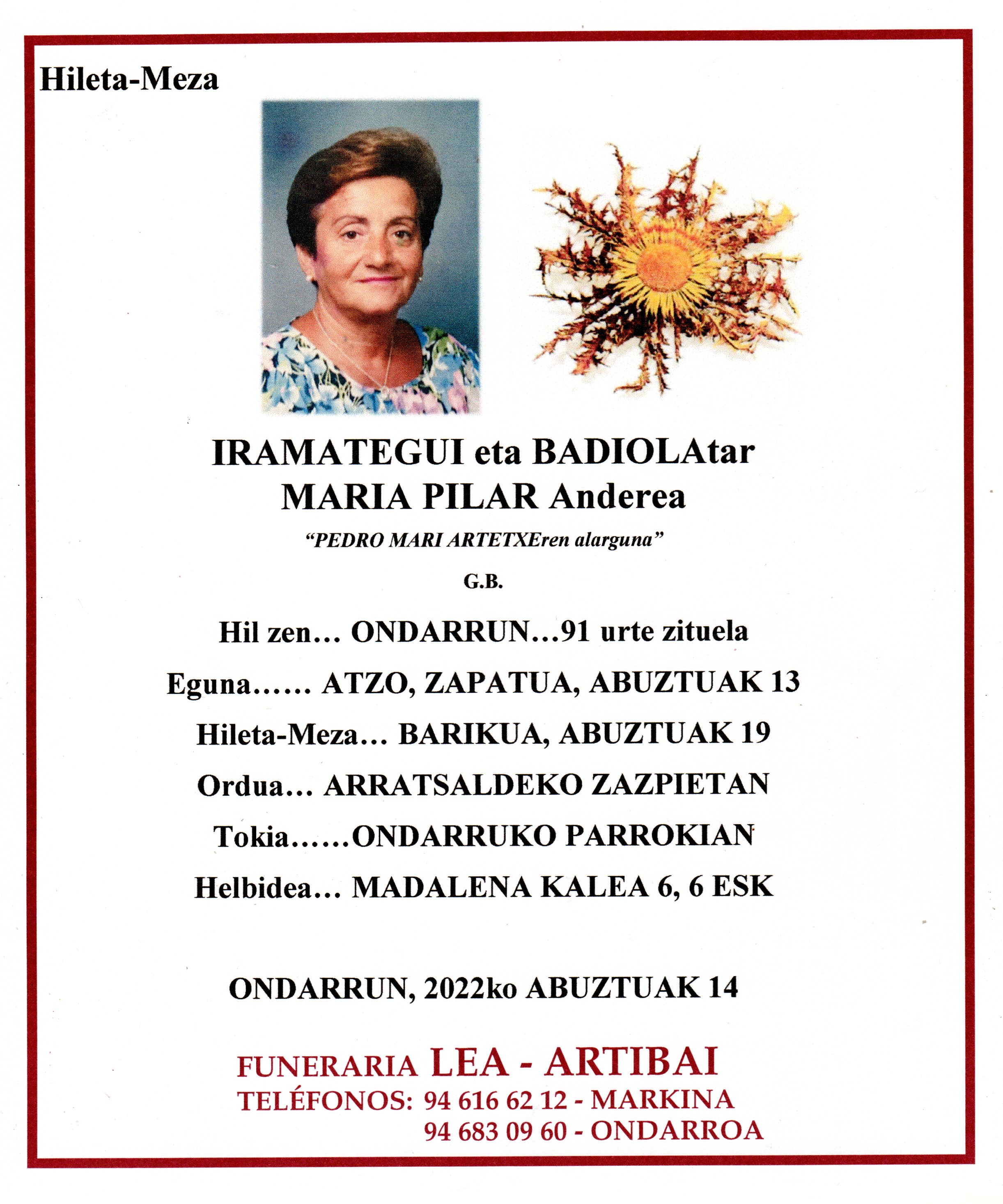 Esquela de Maria Pilar Iramategi Badiola